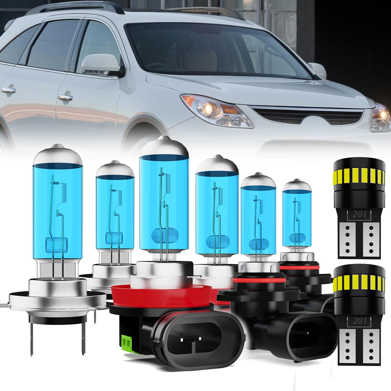Headlight Bulbs License Plate Lights Fit For Hyundai Veracruz 2007-2012, H7 High Beam + H11 Low Beam + 9006 Fog Lights Halogen Light Bulb + License Plate Lights, Pack of 8