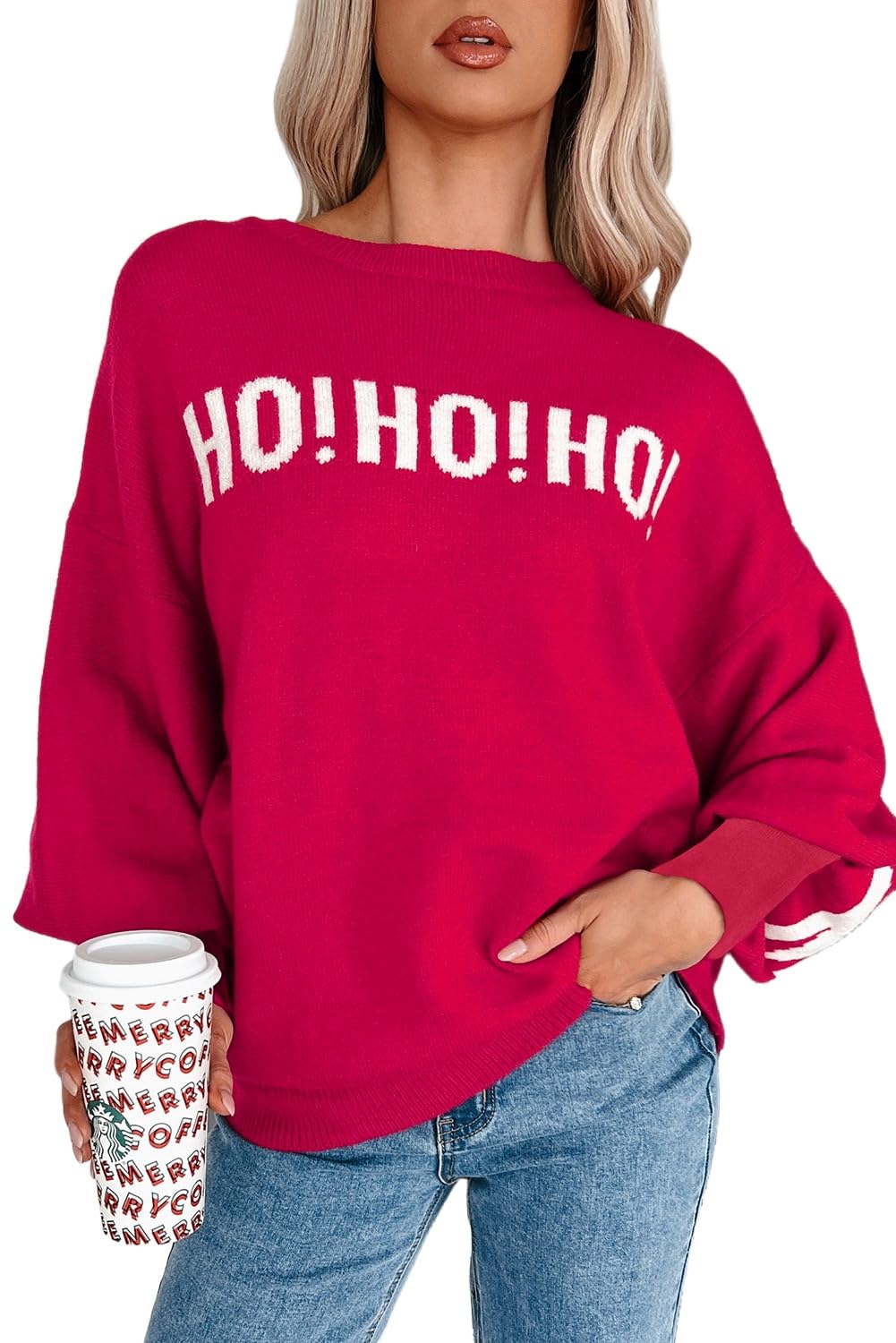 Apvirdy Womens Letter HOHOHO Merry Christmas Sweater Drop Shoulder Graphic Sweaters Holiday Sweater Pullover Tops