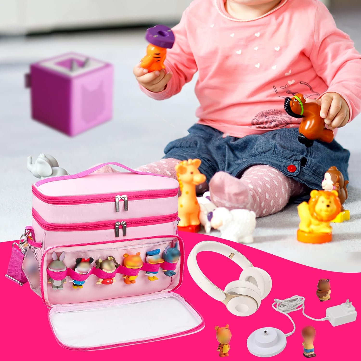 Carrying Case Compatible with Toniebox Starter Set, Double Layer Storage Bag for Tonies Figures Characters, Portable Travel Organizer Case with Shoulder Strap for Tonies Box Headphones (Pink) - Image 8