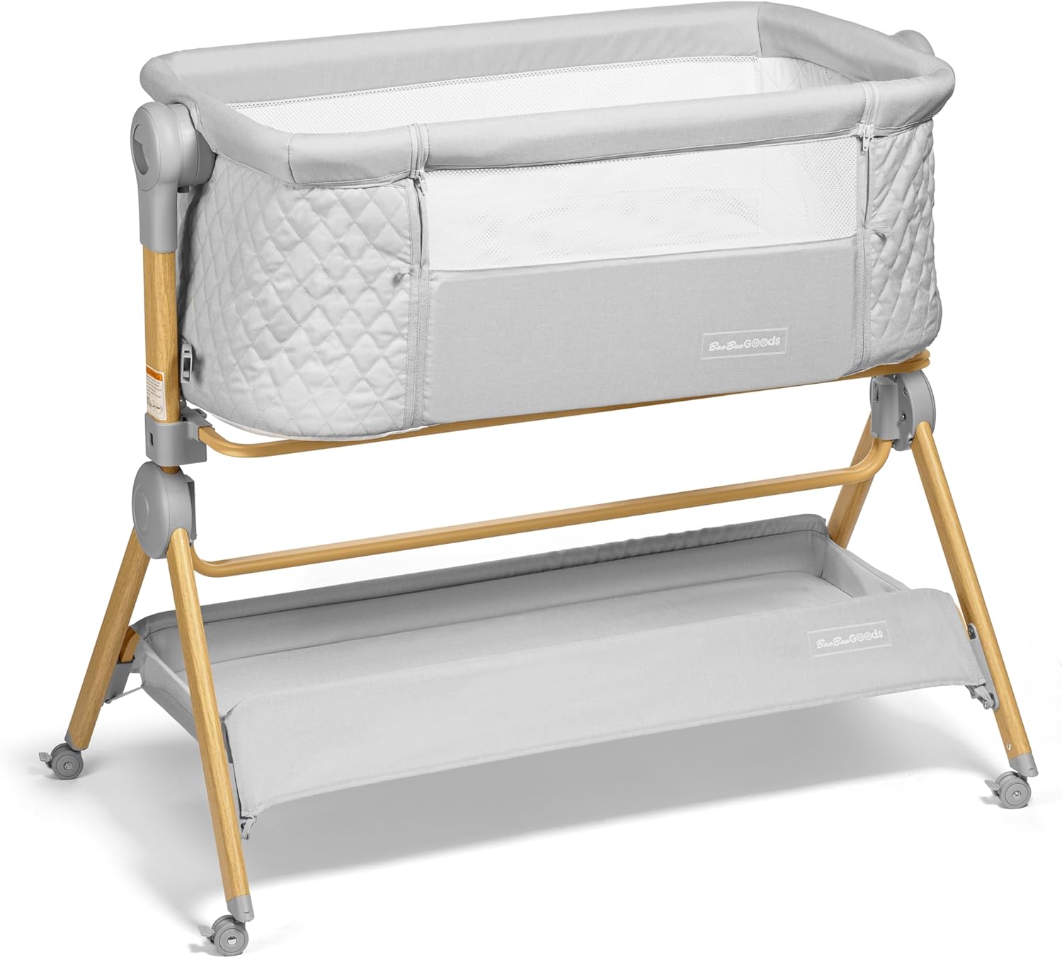 BaeBae Goods 3 in 1 Baby Bassinet with Wheels, Portable Bedside Sleeper for Baby 3 Adjustable Heights & Foam Mattress, Bedside Crib for Newborns & Infants with Storage Basket, Carry Bag Included
