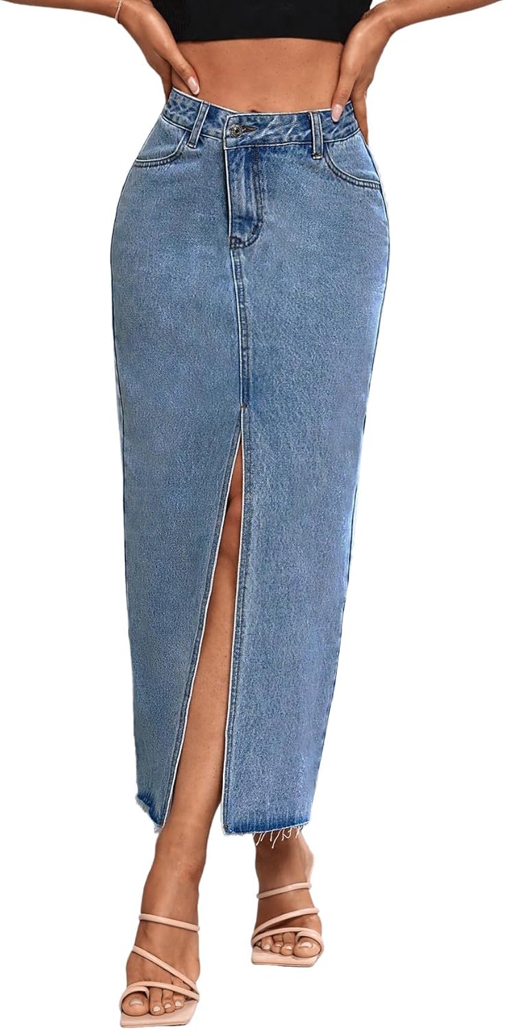 Women's High Waist Stretch Maxi Denim Skirt Front Split Frayed Raw Hem A line Casual Long Jean Skirt