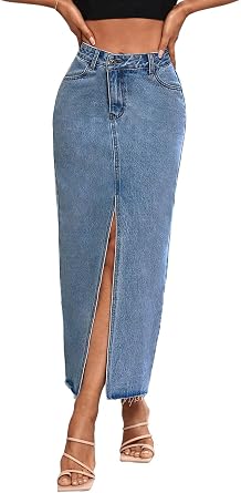 Womens High Waist Stretch Maxi Denim Skirt Front Split Frayed Raw Hem A line Casual Long Jean Skirt