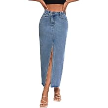 Womens High Waist Stretch Maxi Denim Skirt Front Split Frayed Raw Hem A line Casual Long Jean Skirt