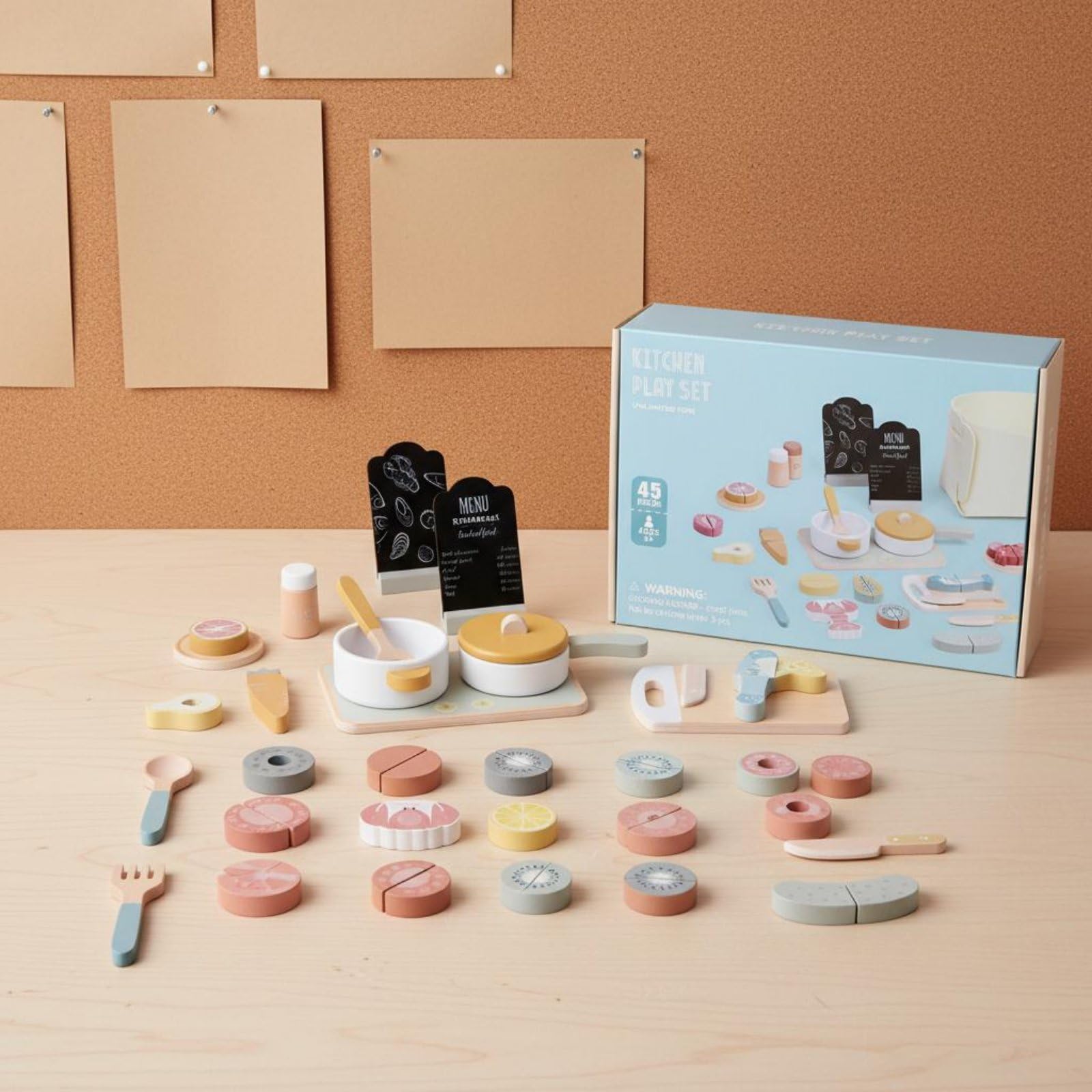 kowaku Set Cucina Giocattolo Bambini Cibo Finto Taglia E Incolla Piano Cottura in Legno Carne Pesce con a Scatto per Sviluppo Manualità Adatto per Gioco Educativo Casa Regali Ludoteca