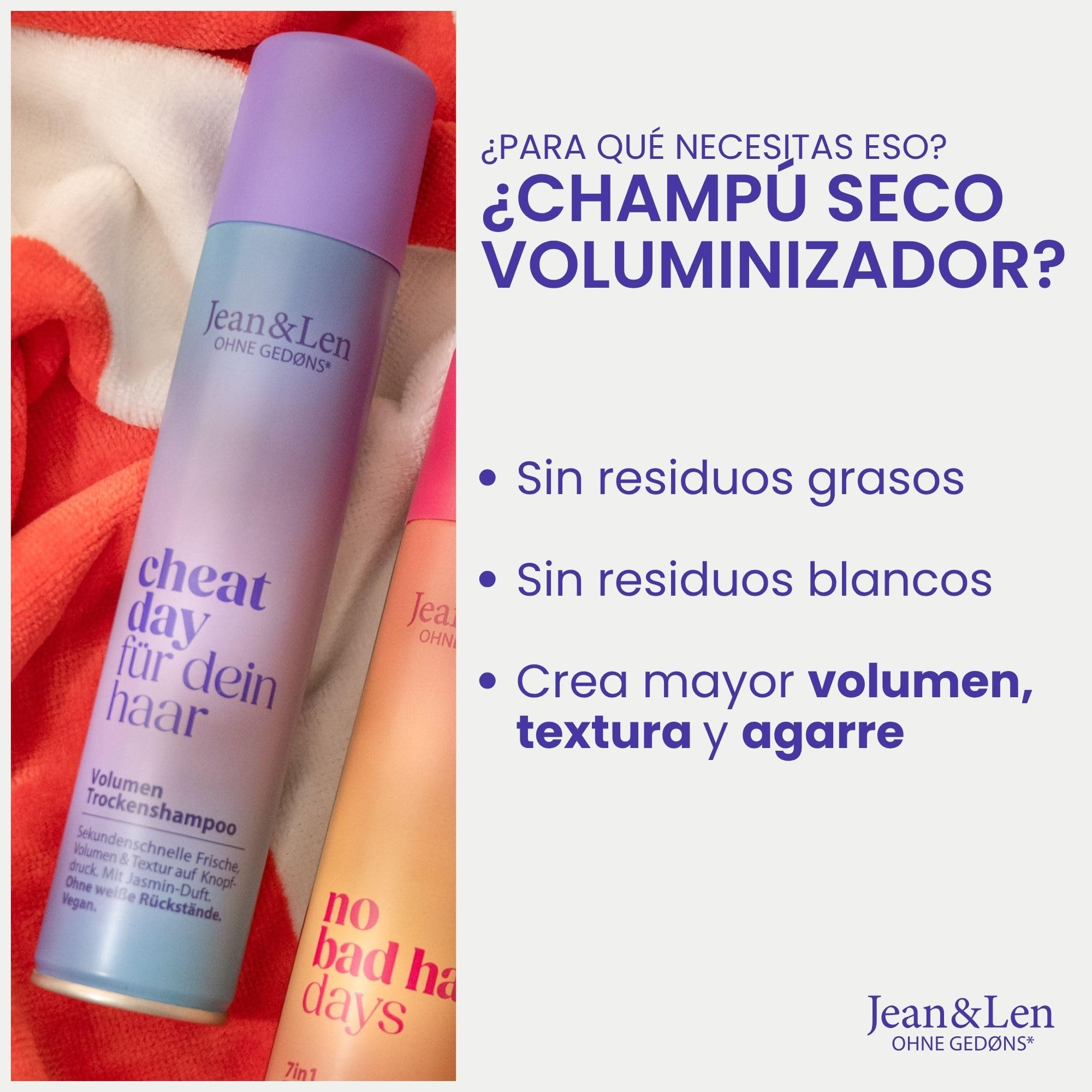 Jean & Len champú en seco volumen, fácil de cepillar, aporta textura y agarre, con efecto frescor inmediato, aroma fresco y floral, sin parabenos ni siliconas, vegano Dry Shampoo, 200 ml