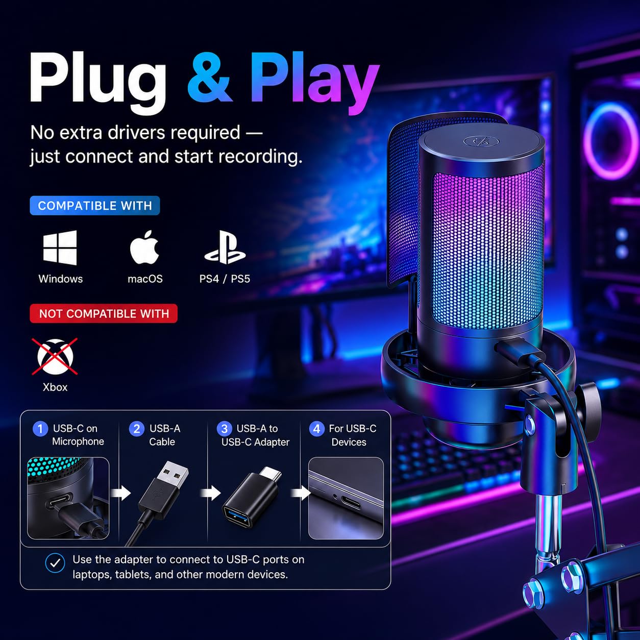 Anykuu Mikrofon USB do gier Plug&Play, mikrofon kondensatorowy do komputera PC do gier, streamingu, podcastingu, wideokonferencji z adapterem USB-C i 1,5 m kablem danych dla PC/laptopa, PS4/PS5, IOS