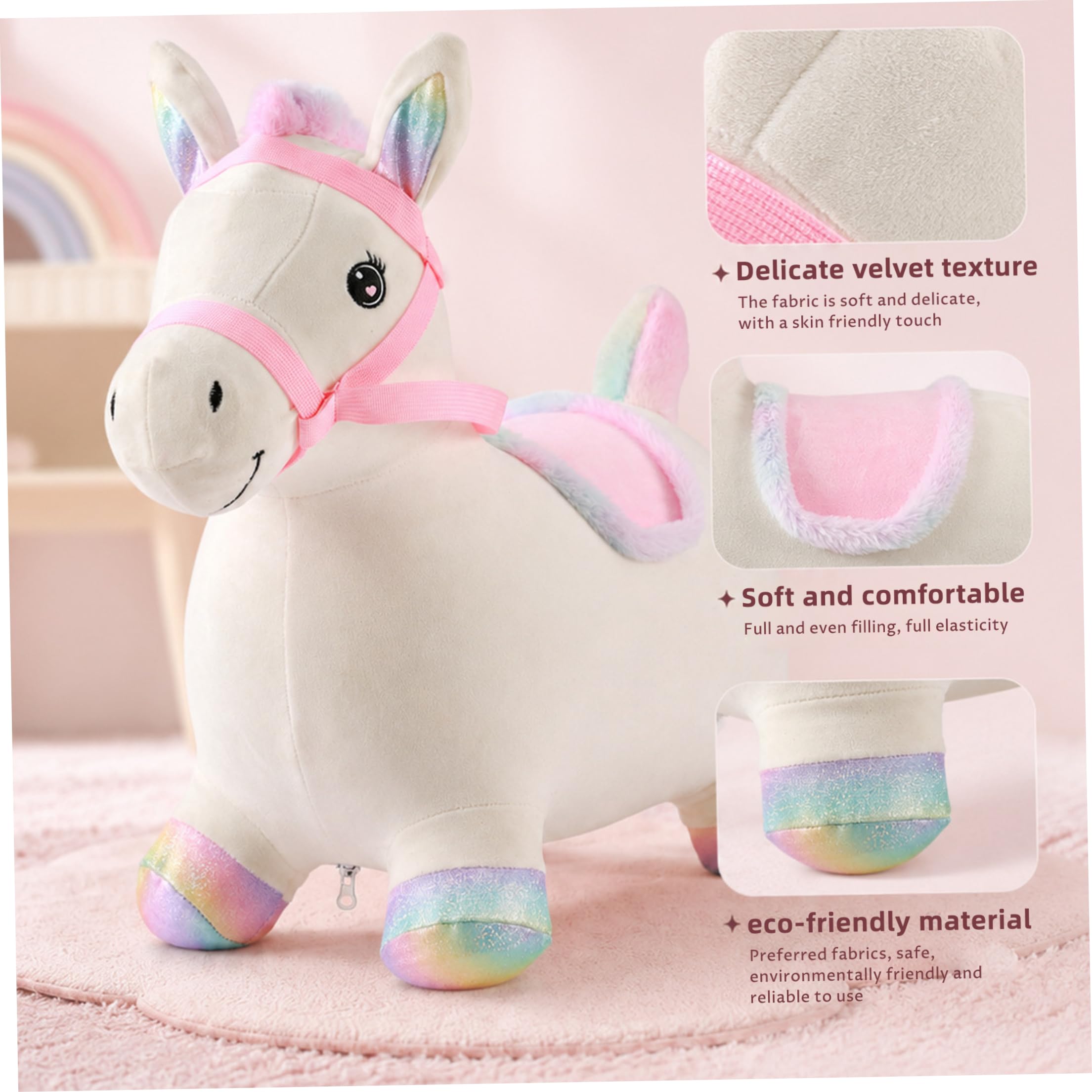 Cavallo Rimbalzante Gonfiabile Giocattolo Cavalcabile Rimbalzante, Copertura Morbida Lavabile, Fodera in PVC Ecologico, 100 libbre, Interno/Esterno, 18+ Mesi Bambini e Neonati