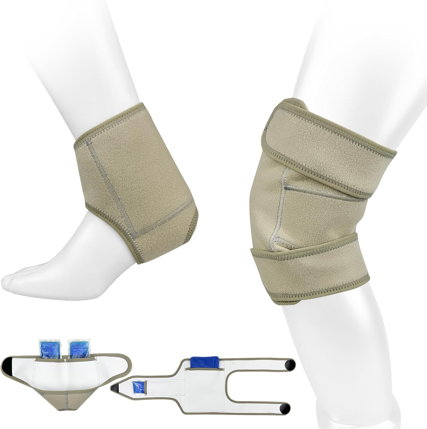 Castor Oil Pack Wrap for Knee and Ankle 2 Pc Pain Relief Wrap Organic Cotton Comfort Flannel Castor Oil Compress Wrap with Storage Bag Reusable Adjustable Strap Universal Fit (Khaki)