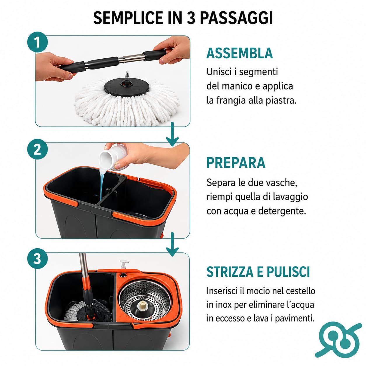 Tempo DI SALDI Juego de fregona giratoria con Doble Cubo, Cesta Inoxidable y 2 paños de Microfibra