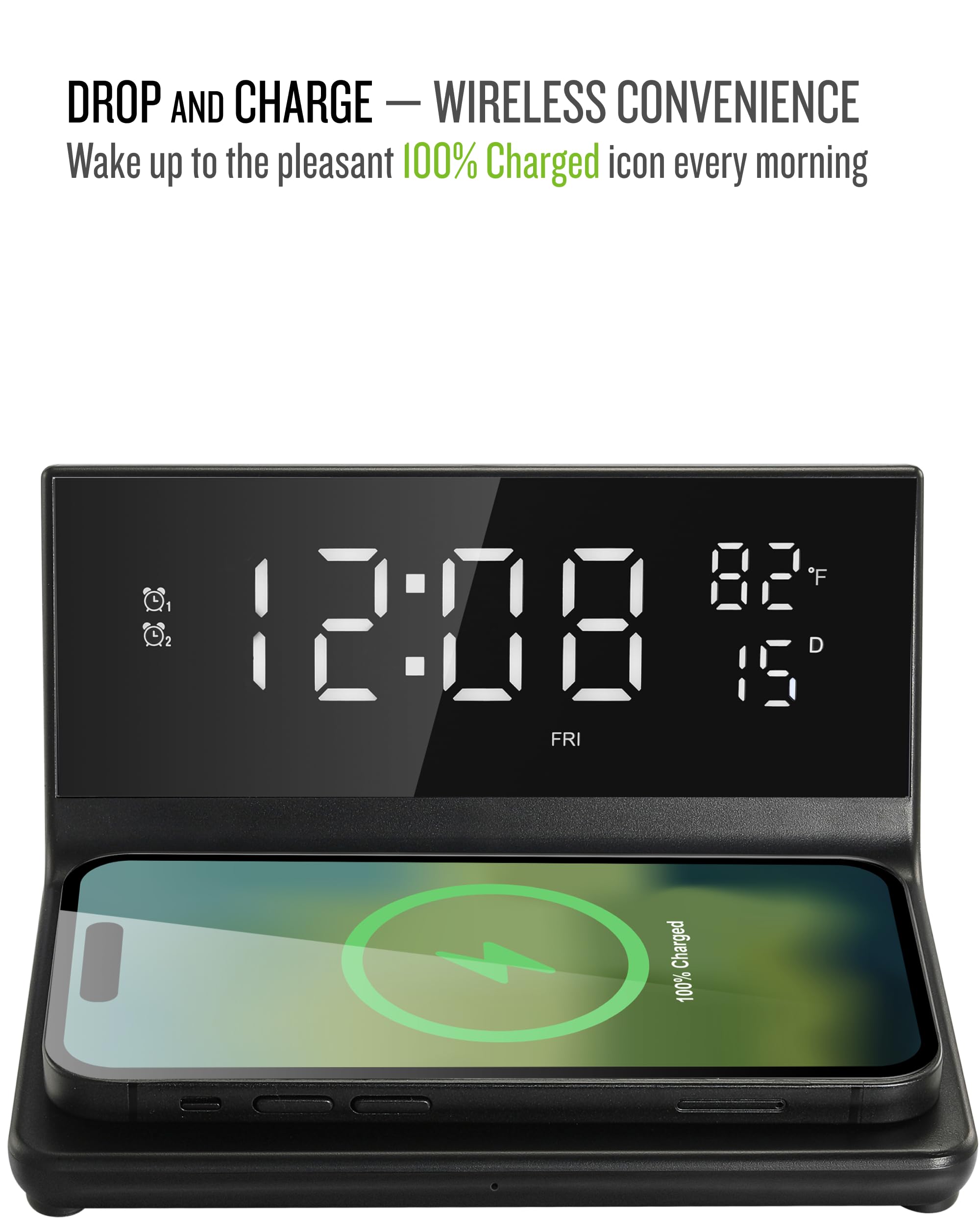 Soundfreaq Charge Rise II, SFQ-20: Sveglia digitale, con doppio allarme, caricabatterie USB veloce e caricabatterie wireless (nero)