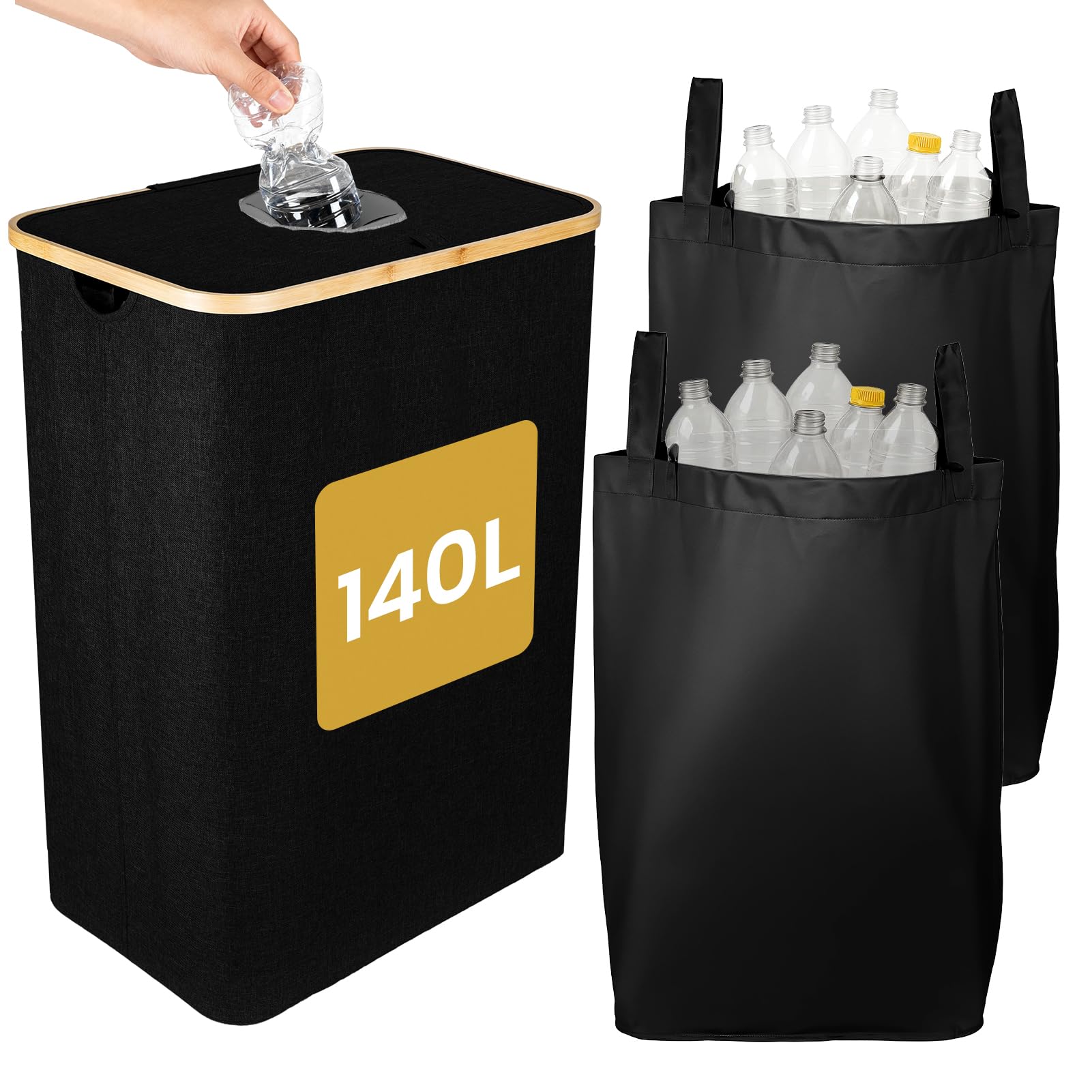 GREENSAPPIRE 140L Bottle Recycling Bin with Lid, Large Deposit Bottle Storage Box with Silicone Drop-In Hole, Double Removable Laundry Bags, Heavy-Duty Oxford Fabric Bottles Collector for Home