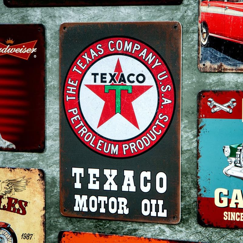 Image of Eazywagon Decorative Retro Metal Signs Wall Plate - 12x8 Inch (Texaco Motor Oil) | Weatherproof Vintage Metal Sign Plate for Cafe, Home, Bar, Garage | Decorative Wall Hanging Sign Board