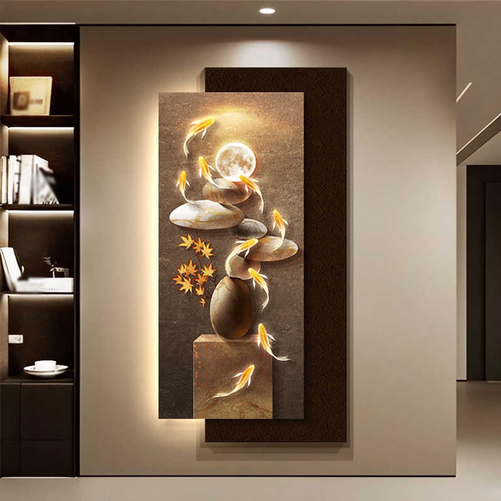 3D Fish Wall Sculpture Painting Decoration with Light, LED Light Decor Wall Art, Sandstone Stone Decors Walls Sculptures 3D Art for Living Room Entrance Office(B,40 * 80cm)