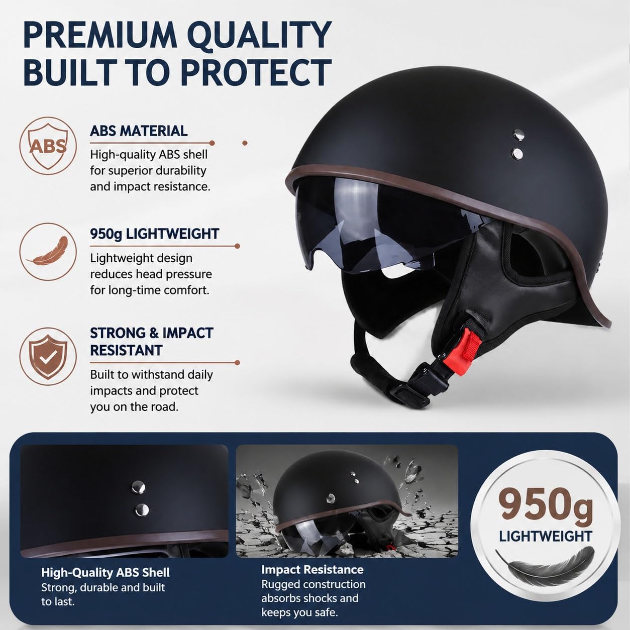 Retro kask motocyklowy półotwarty, homologacja ECE, z wbudowaną osłoną i szybkim zapięciem, unisex do skutera
