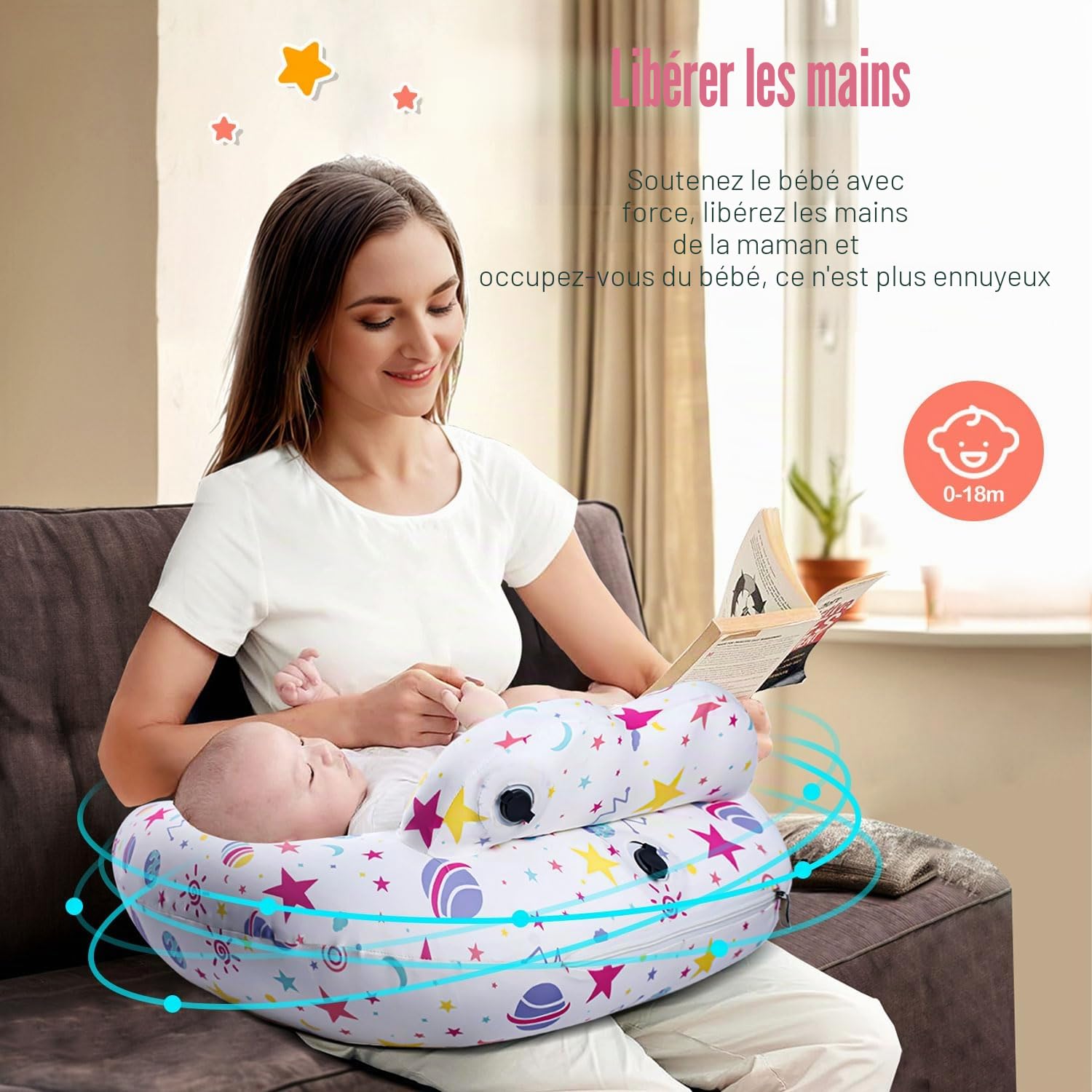 Coussin d'allaitement gonflable pour allaitement - Coussin d'alimentation de voyage pour le soutien maternel, ceinture de taille réglable, housse amovible 100 % coton - Accessoire portable essentiel