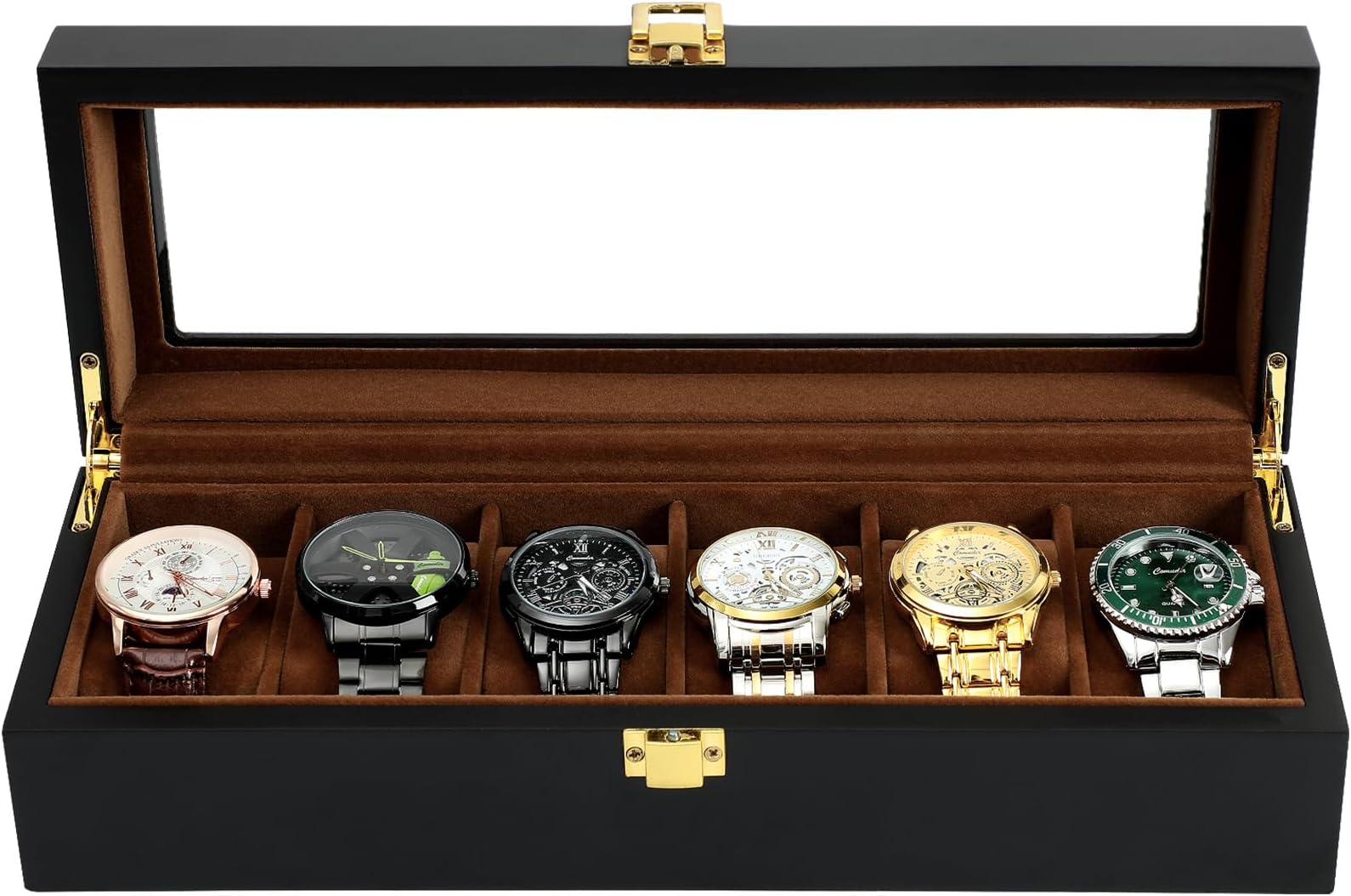 R.SHENGTER.SHENGTE Watch Box,6 Slots Wooden Watch Organizer Box with Real Glass Top,Jewelry Storage Display Case for Men Father Husband Boy Friend (6 Slots)