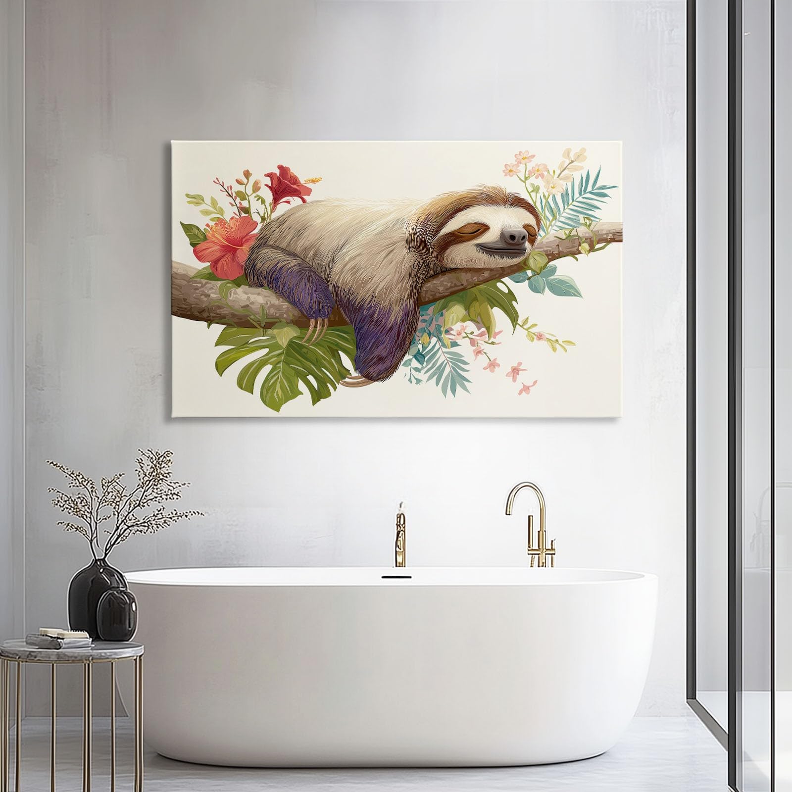 Generisch Leinwandbild mit Rahmen 120x60 cm Wohnzimmer Deko, Cartoon Tier Faultier Beige Modern Wandbild Kunstdruck auf Leinwand Bild Schlafzimmer über Bett Room Decor Geschenke