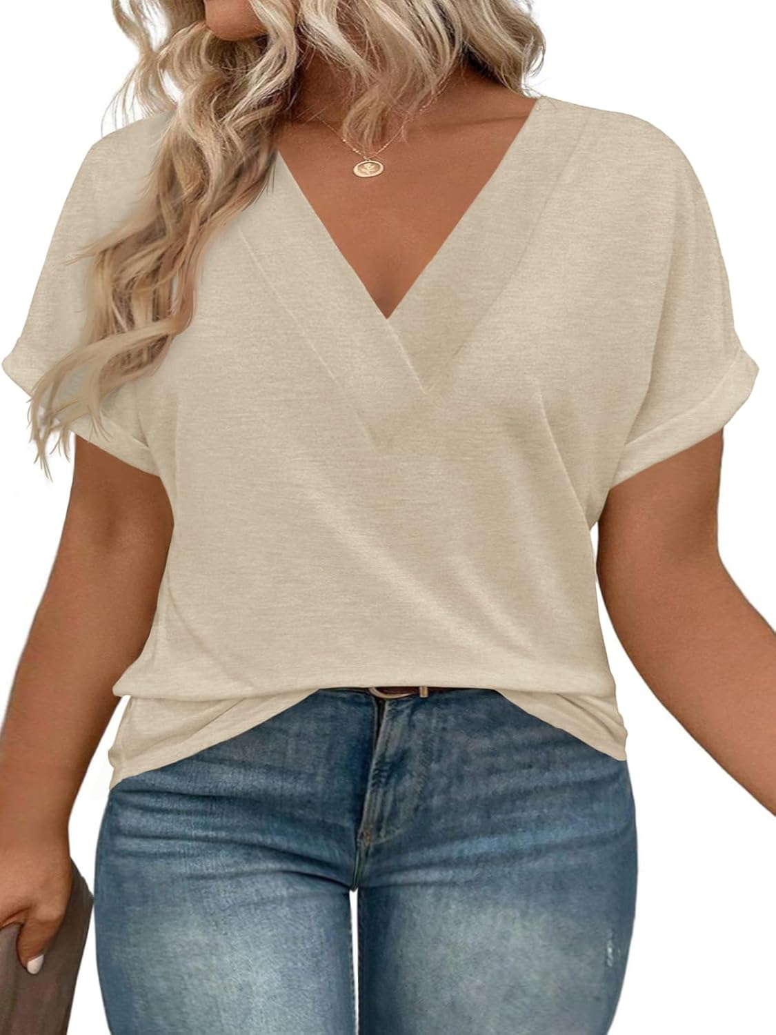 Beautife Womens Plus Size V Neck T Shirts Short Sleeve Summer Dressy Casual Tunic Tops Loose Fit Tees Blouse