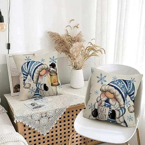 Miniatura 7 de Fjfz Hello Winter - Juego de 4 fundas de almohada decorativas de gnomo azul de 16 x 16 pulgadas, diseño de copos de nieve, lámpara de cacao