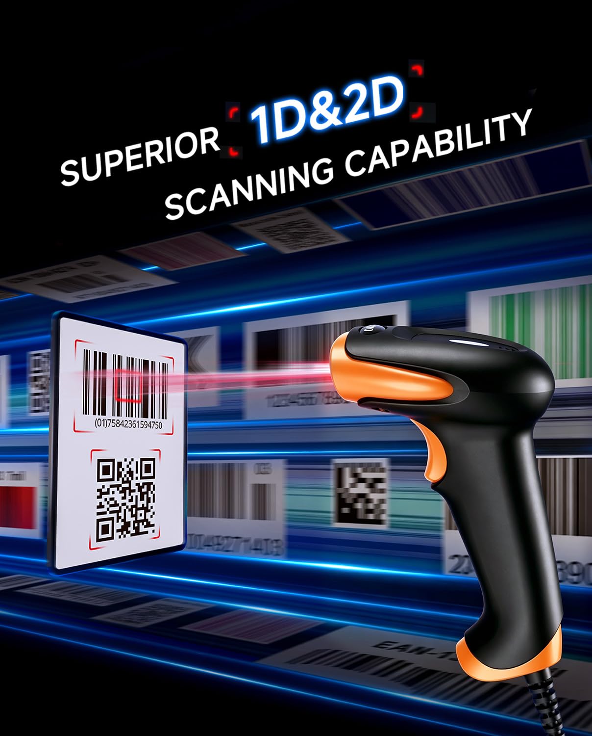 Eyoyo Barcode Scanner 1D 2D QR kabelgebunden, QR Code Scanner Handheld Barcode Leser für PC, Mac, Laptop (Orange)