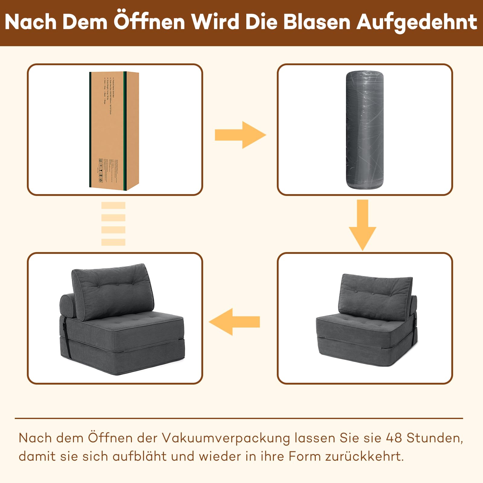 HOMMPA Faltbares Schlafsofa umwandelbarer 3-in-1 Sofa Bett Schlafsessel mit Kissen Sitzsack-Sofa Stuhl Komfortable Schlafcouch Bodensofa-Lounge für Schlafzimmer Wohnzimmer Grau 80CM