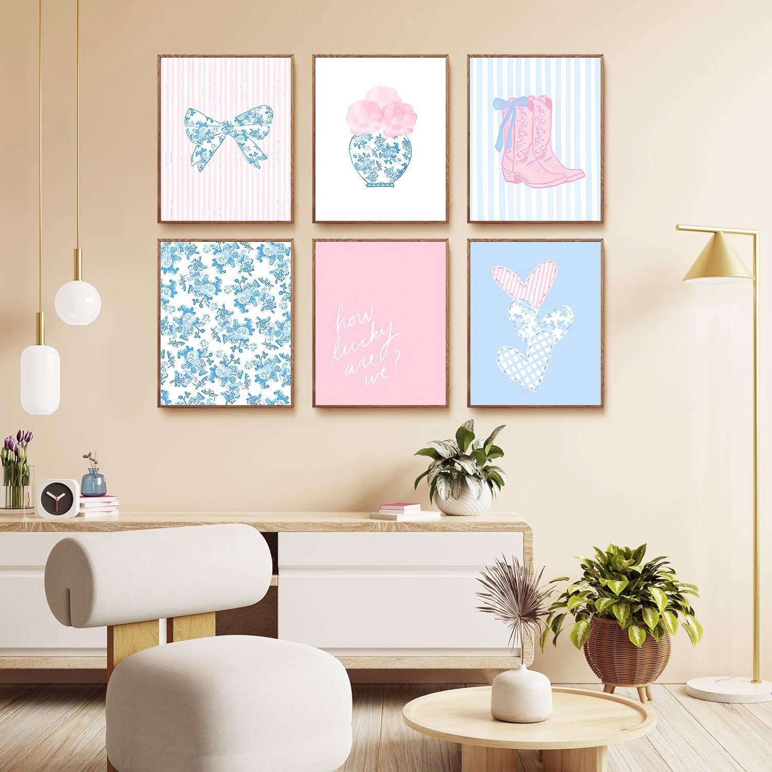 6 Pcs Blue and Pink Floral Bow Wall Art Trendy Chinoiserie Watercolor Heart Canvas Prints Posters Cowgirl Boots Aesthetic Wall Decor for Girly Room Coastal Dorm Home Decor Unframed 8x10in - Image 2