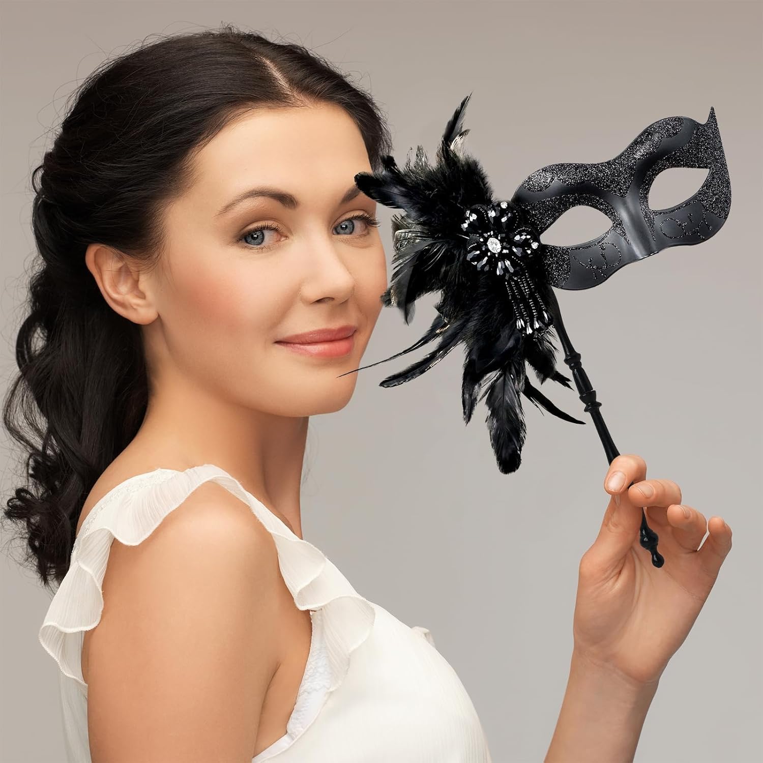 2025 New Masquerade Mask for Women with Stick - Shiny Women's Feather Mardi Gras Venetian Mask for Costume Accessory - Image 5