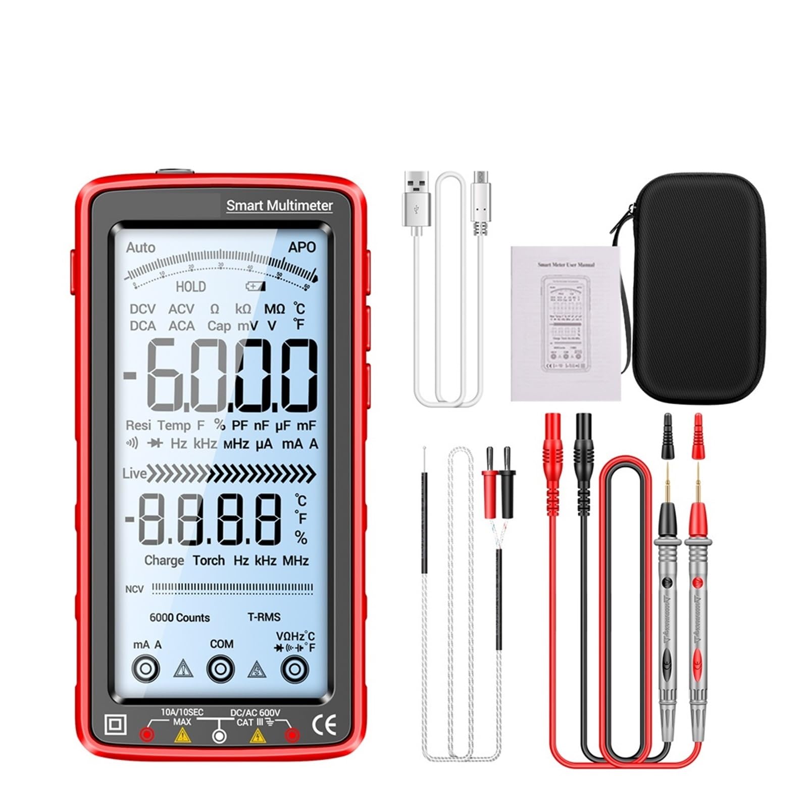 LIBODD Smart Digital Multimeter Touch Screen 6000 Counts AC/DC Ammeter Voltmeter Rechargeable Ohm Diode NCV Multimeter Tester(681)