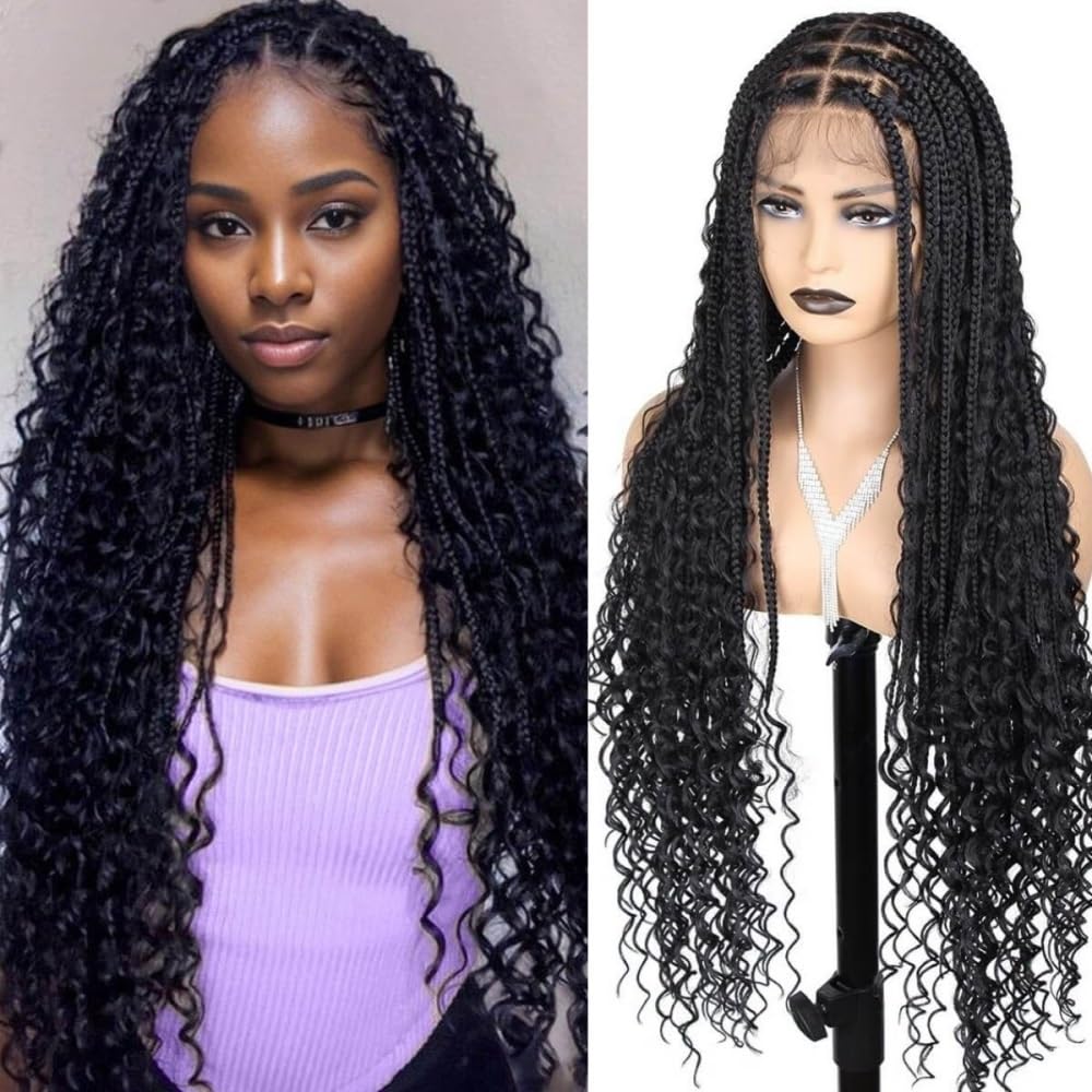 Parrucche intrecciate senza nodi Boho da 36 pollici for le donne Parrucca nera con treccia bohémien sintetica in pizzo pieno