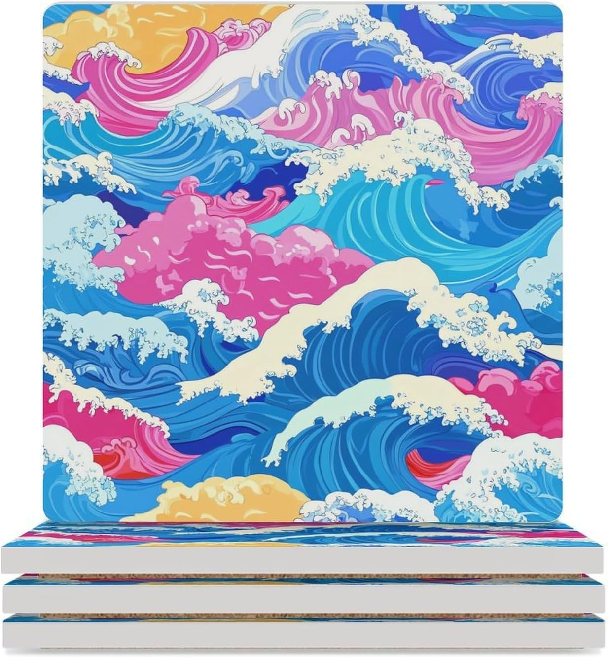 Wave Japanese Ceramic Coasters Set Square Drink Coasters Table Coaster for Kitchen Desktop Decor