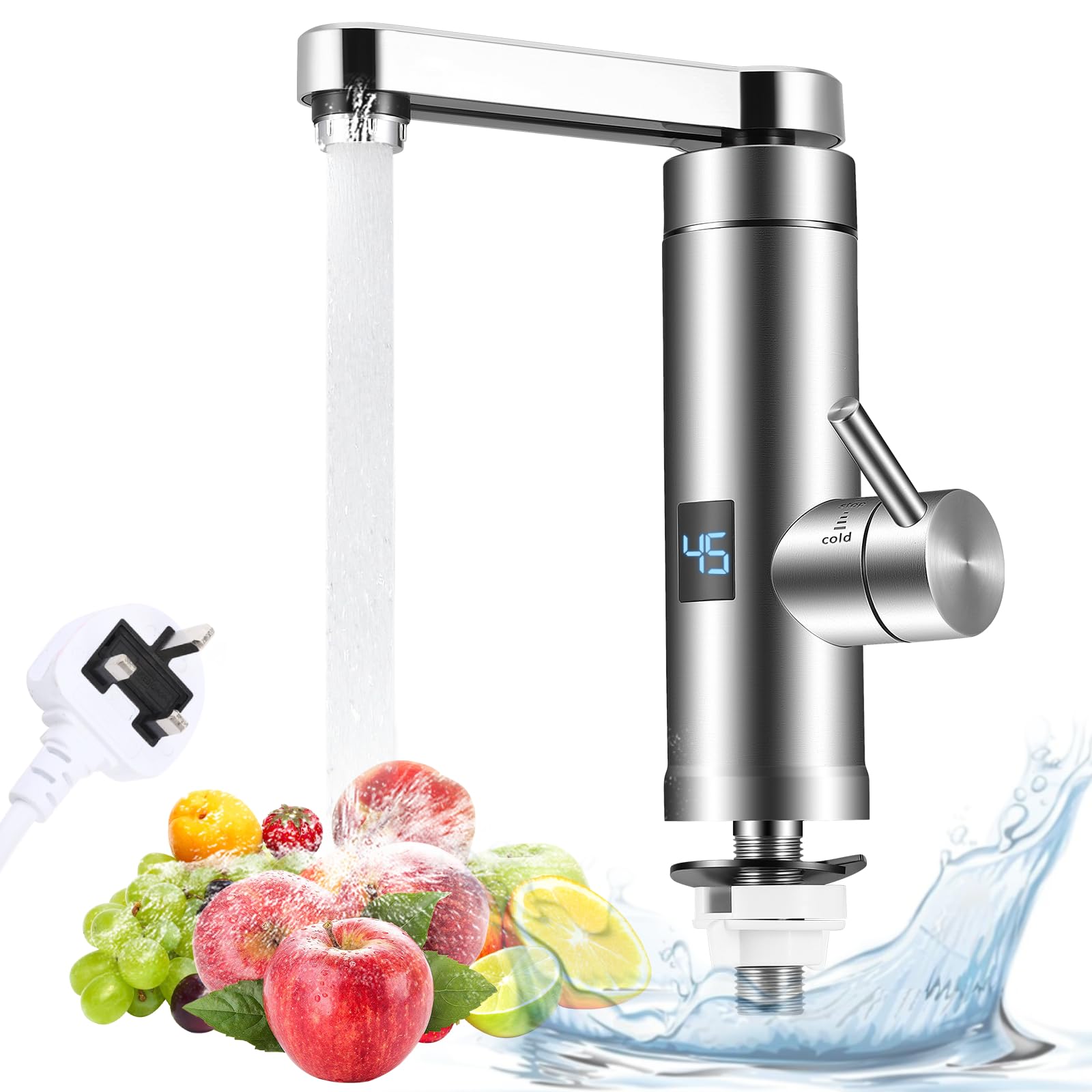 Hot Water Tap 220V 3KW, Electric Water Tap Kitchen/Bathroom Sink Faucet, 120° Rotatable Instant Hot Water Faucet Tankless with LED Digital Display 30-45℃, Energy Saving & Safe Protection