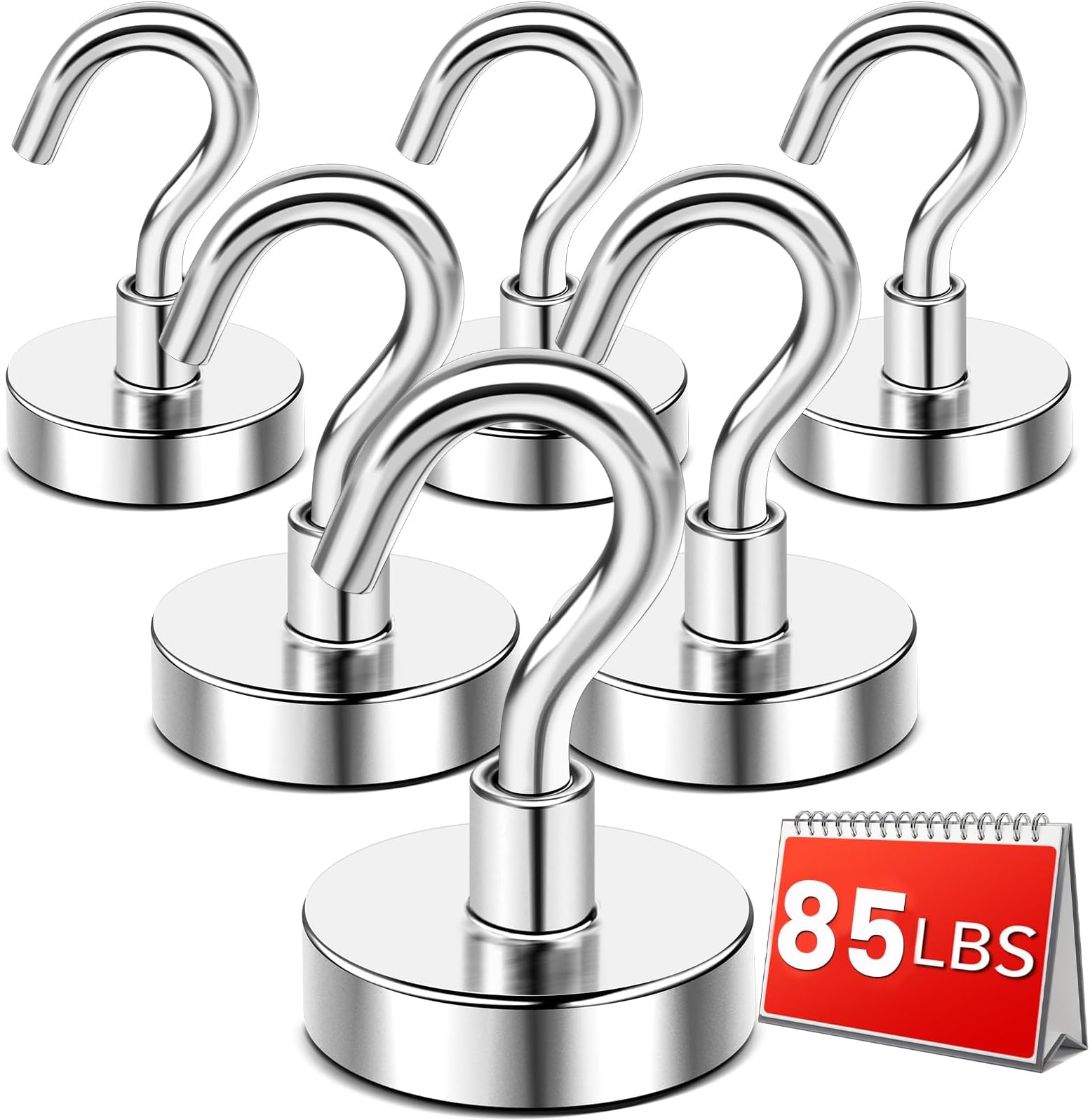 Magnetic Hooks Heavy Duty, 85 LBS Neodymium Magnet Hooks for Cabins, Kitchen, Workplace, Office, Garage and Indoor Hanging, Silver, Pack of 6