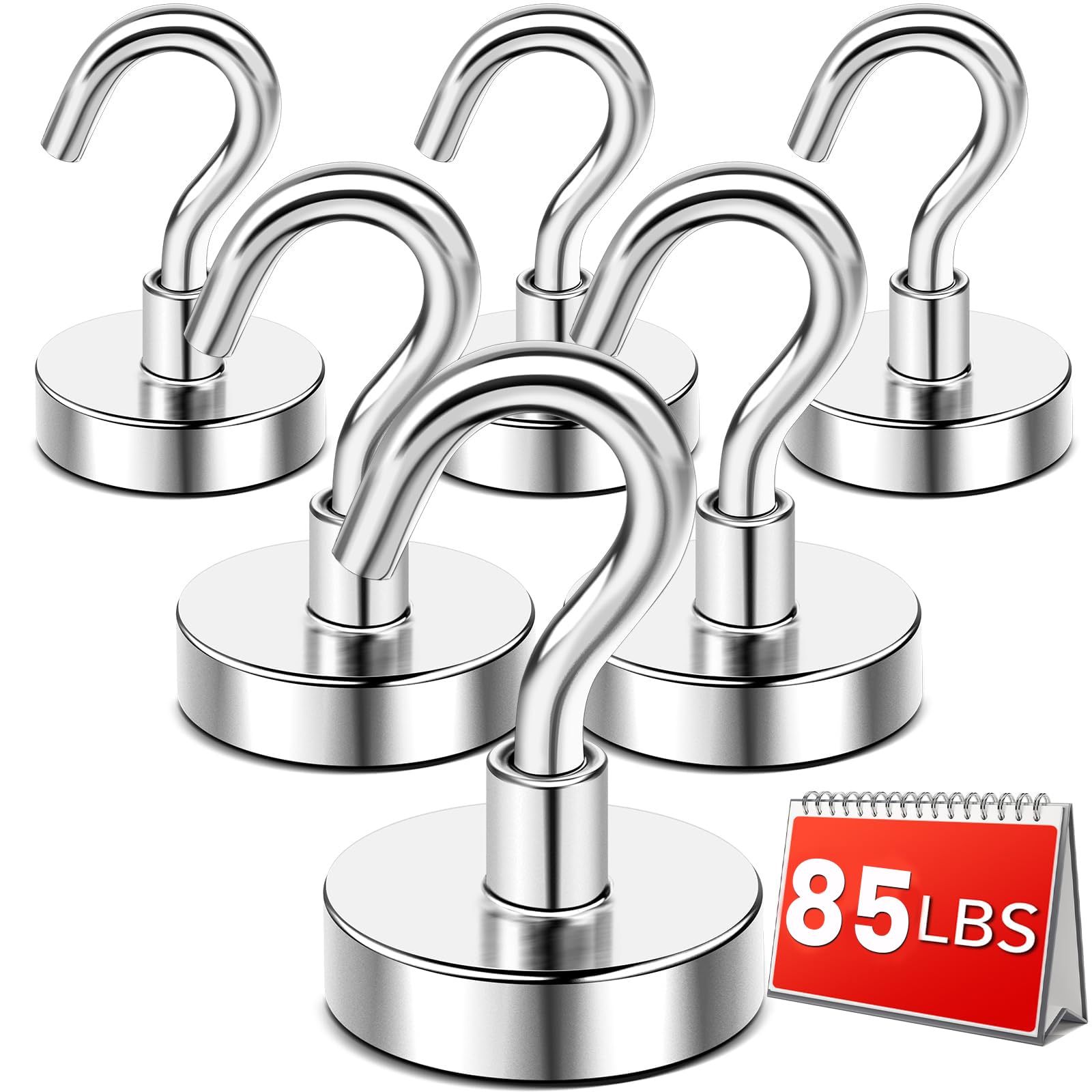 DIYMAG Magnetic Hooks Heavy Duty, 85 LBS Neodymium Magnet Hooks for Cabins, Kitchen, Workplace, Office, Garage and Indoor Hanging, Silver, Pack of 6