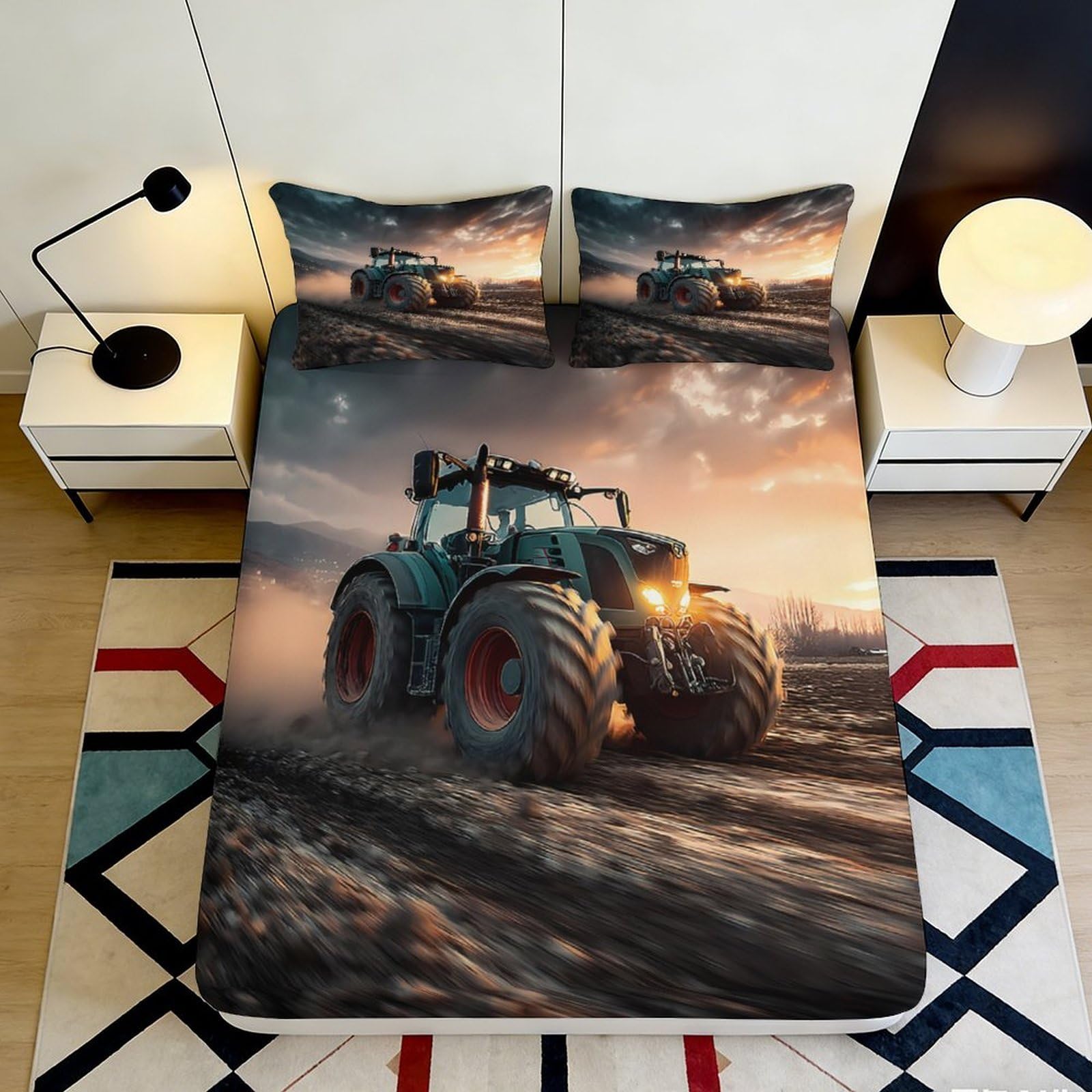 3D Printed Tractor Landscape Fitted Sheet Microfiber Soft Farm Field Bed Cover for Bedroom Guest Room Decor 90x200x25cm