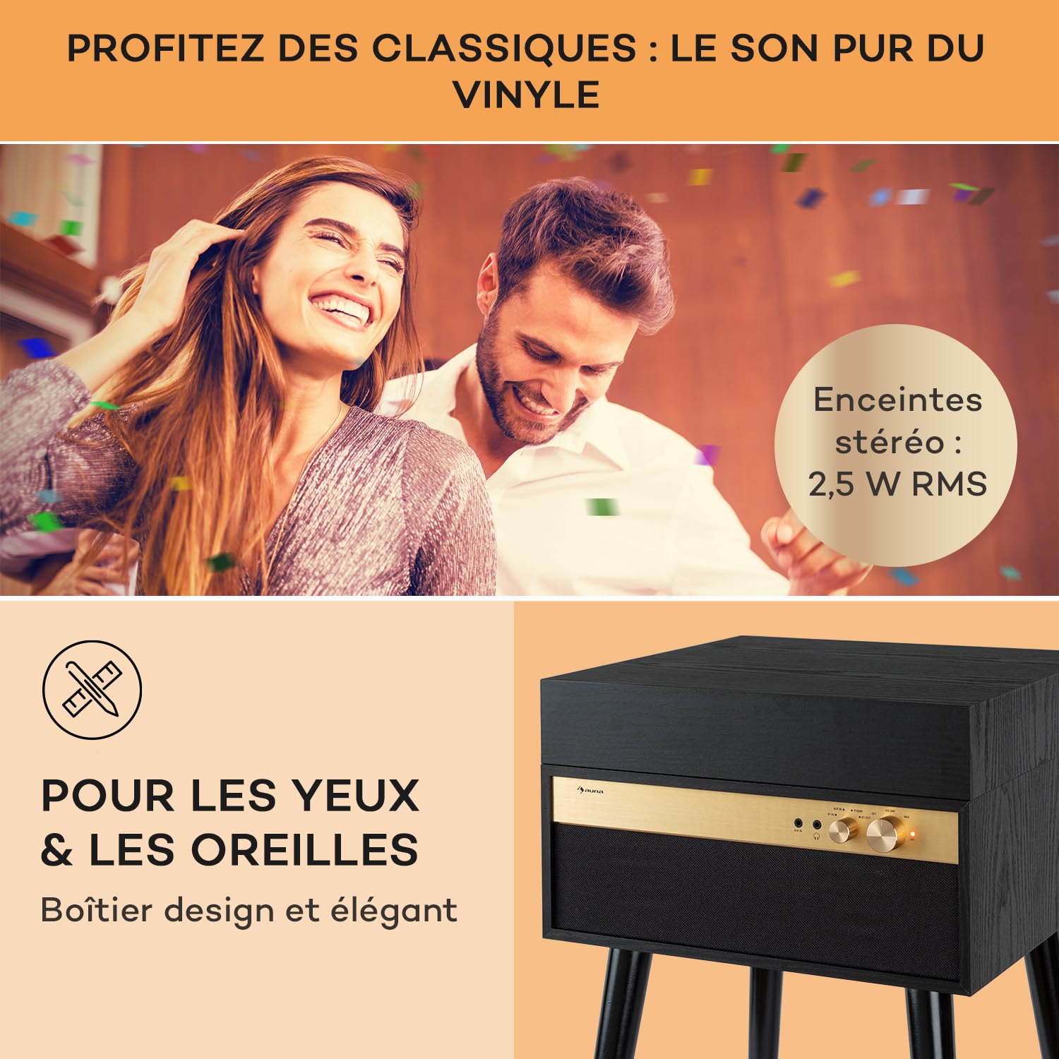 Auna Tourne-disque vinyle pour vinyles avec haut-parleurs, lecteurs de disques audio domestiques, émetteur et récepteur Bluetooth rétro vintage, systèmes stéréo