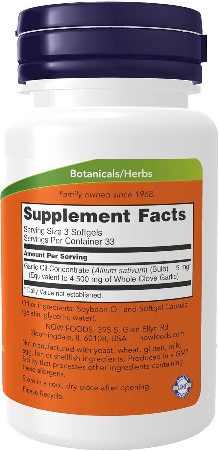 NOW Supplements, Garlic Oil 1500 mg, Serving Size Equivalent to Whole Clove Garlic, 100 Softgels : Health & Household