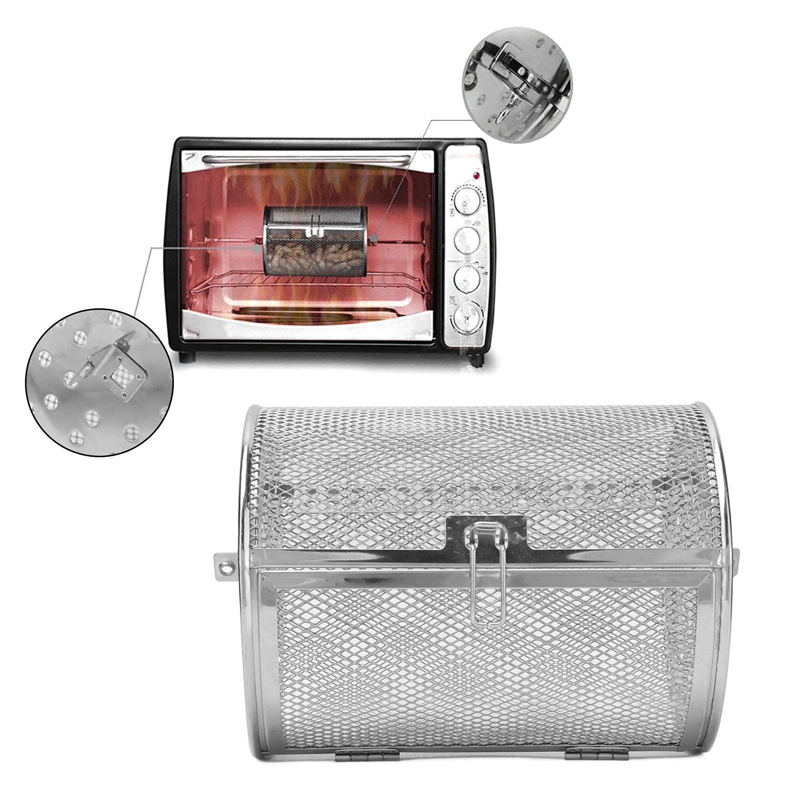 Cesta de Asador Cesta de Horno de Asador de Acero Inoxidable Jaula de Horno Giratoria de 360 ​​​​grados para Hornear Tuercas Herramienta para Asar Barbacoa
