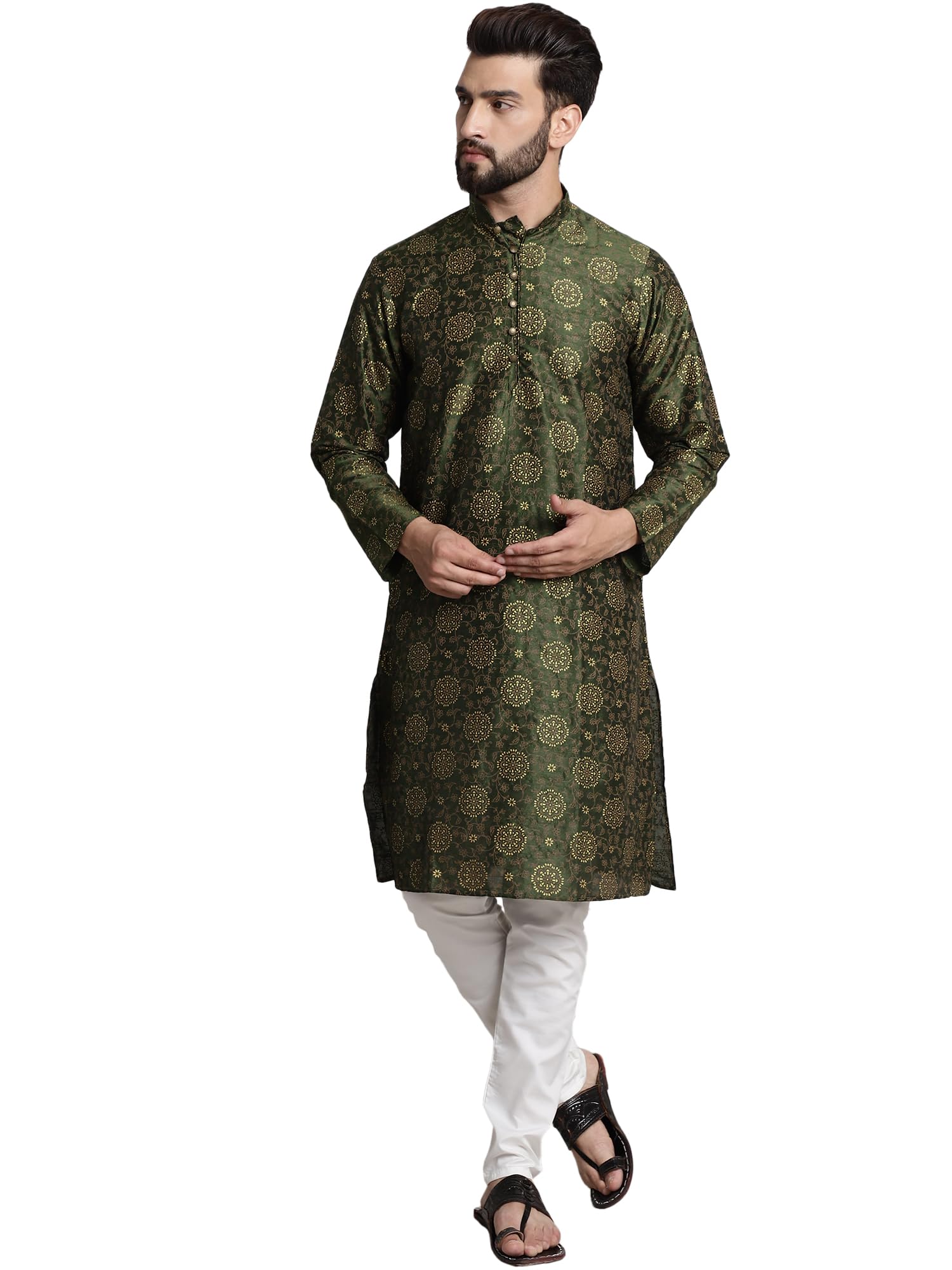 Sojanya (Since 1958 Men's Silk Blend Dark Green Printed Kurta And White Churidar Pyjama Set