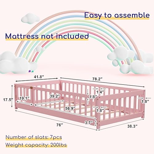 Miniatura 7 de Tatub Cama de suelo de tamaño individual con barandillas de seguridad puerta y listones marco de cama para niños pequeños para niñas y niños cama de