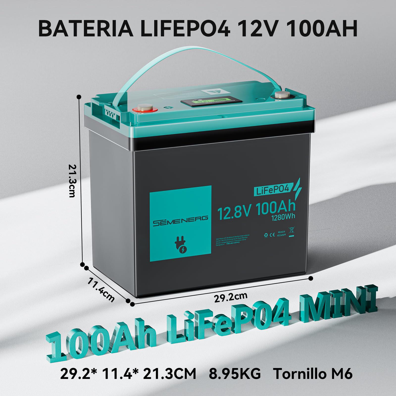 Bateria Litio LiFePO4 Mini 12V 100Ah con LED, 100A BMS Inteligentes y Máx.15000 Ciclos, Batería Ciclo Profundo de 12 V 1280 WH Recargable para Autocaravanas, Sistemas Solares, Camping