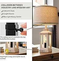 Vista 7 de Lámpara de mesa de 60.3 cm con puertos USB C+A retro de estilo granja con control táctil regulable de 3 vías, lámpara nocturna blanca vintage
