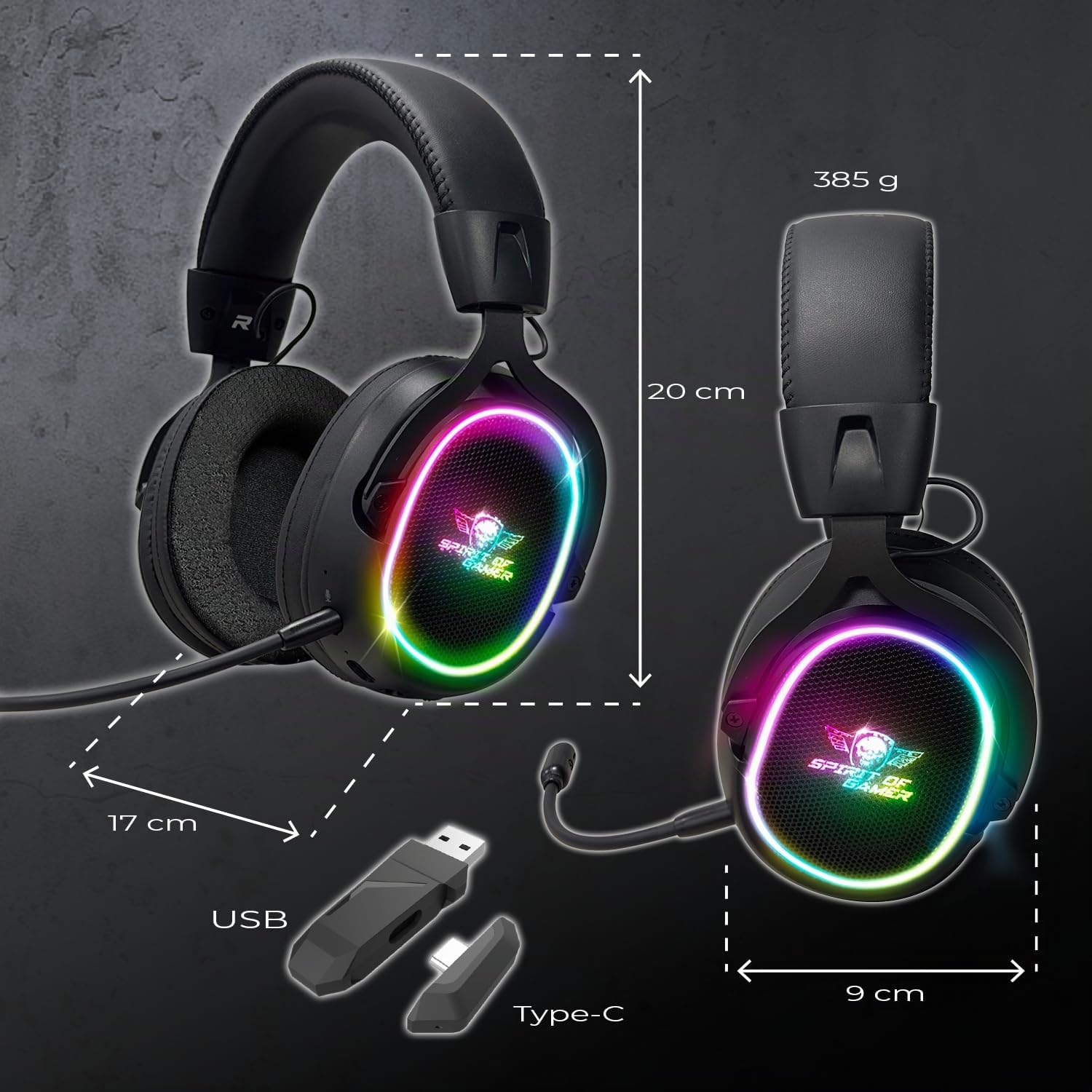 Spirit of Gamer - XPERT H1200, Cuffie Gaming Bluetooth Senza Fili con Microfono Staccabile, Switch, PC, Mac, Altoparlante Audio Virtuale 7.1, Retroilluminazione RGB, Jack da 3,5 mm, Nero