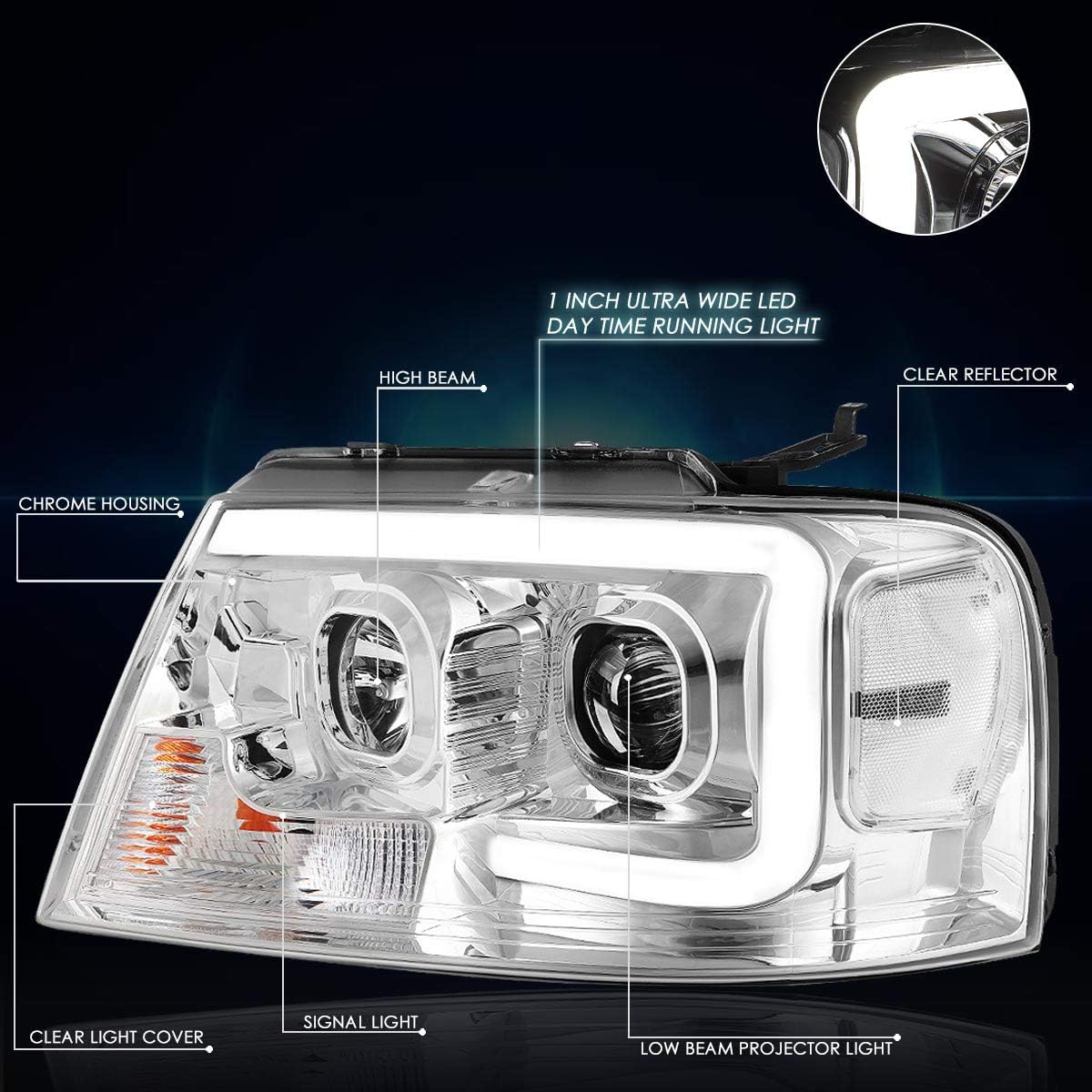 PM PERFORMOTOR Headlights Assembly Compatible with 2004 2005 2006 2007 2008 Ford F150 / 2006 2007 2008 Lincoln Mark LT Projector Headlamps with 3D LED DRL, Chrome Housing/Clear Corner