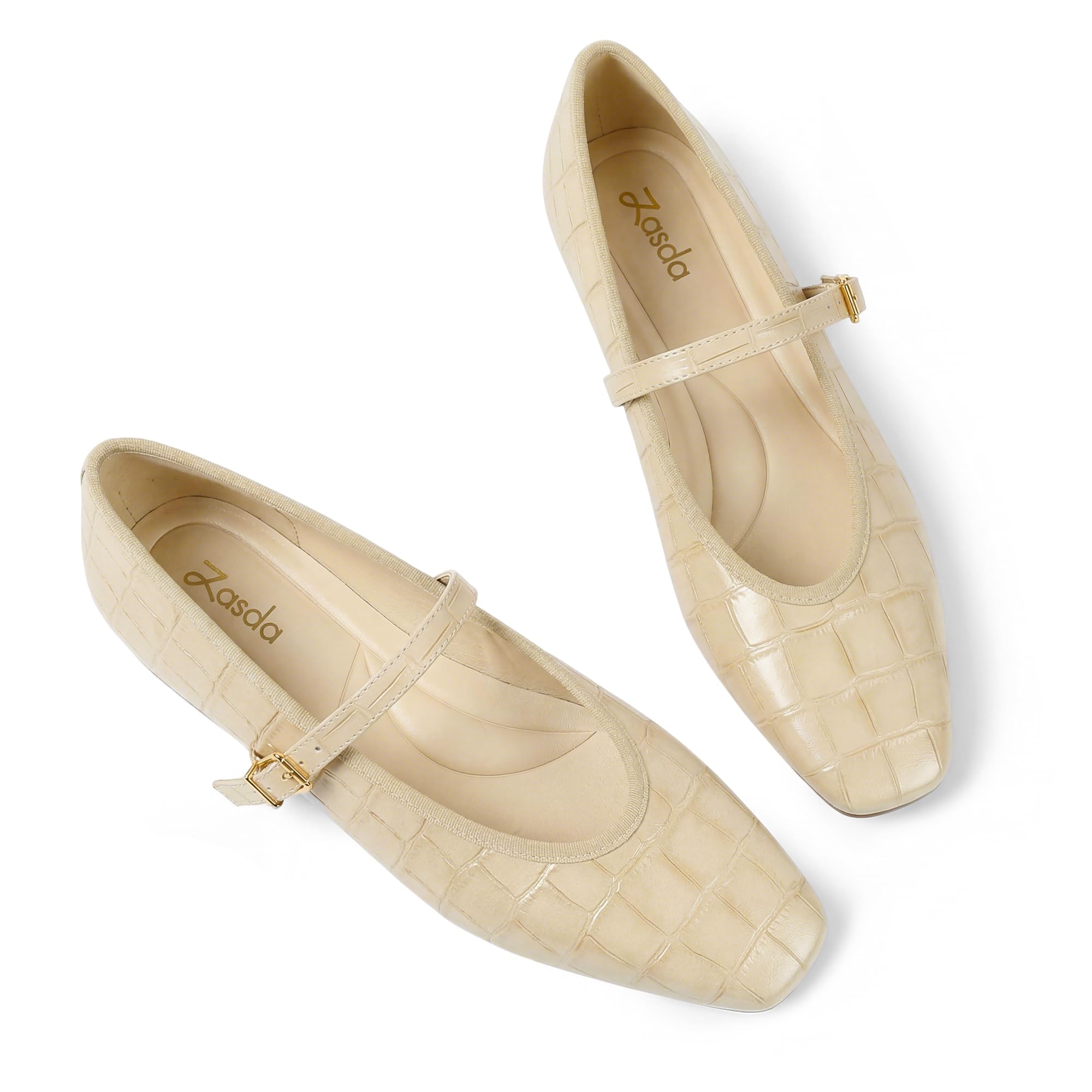 Zasda Womens Mary Jane Flats Square Toe Ballet Flats Leather Comfortable Casual Dressy Shoes with Adjustable Ankle Strap