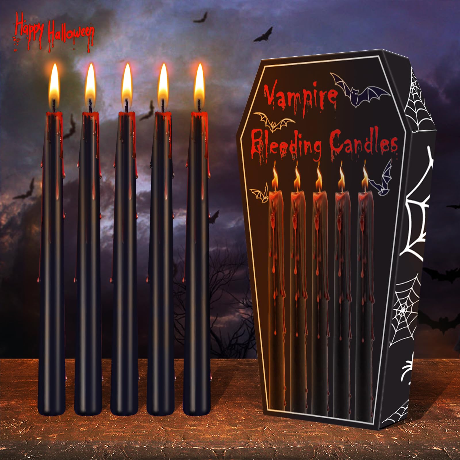 Kenburg Halloween Bleeding Candles Set of 5, 10 in Vampire Tears Black Taper Candles for Home Decor, Gothic About 8 Hour Burn, Party Spooky Decorations