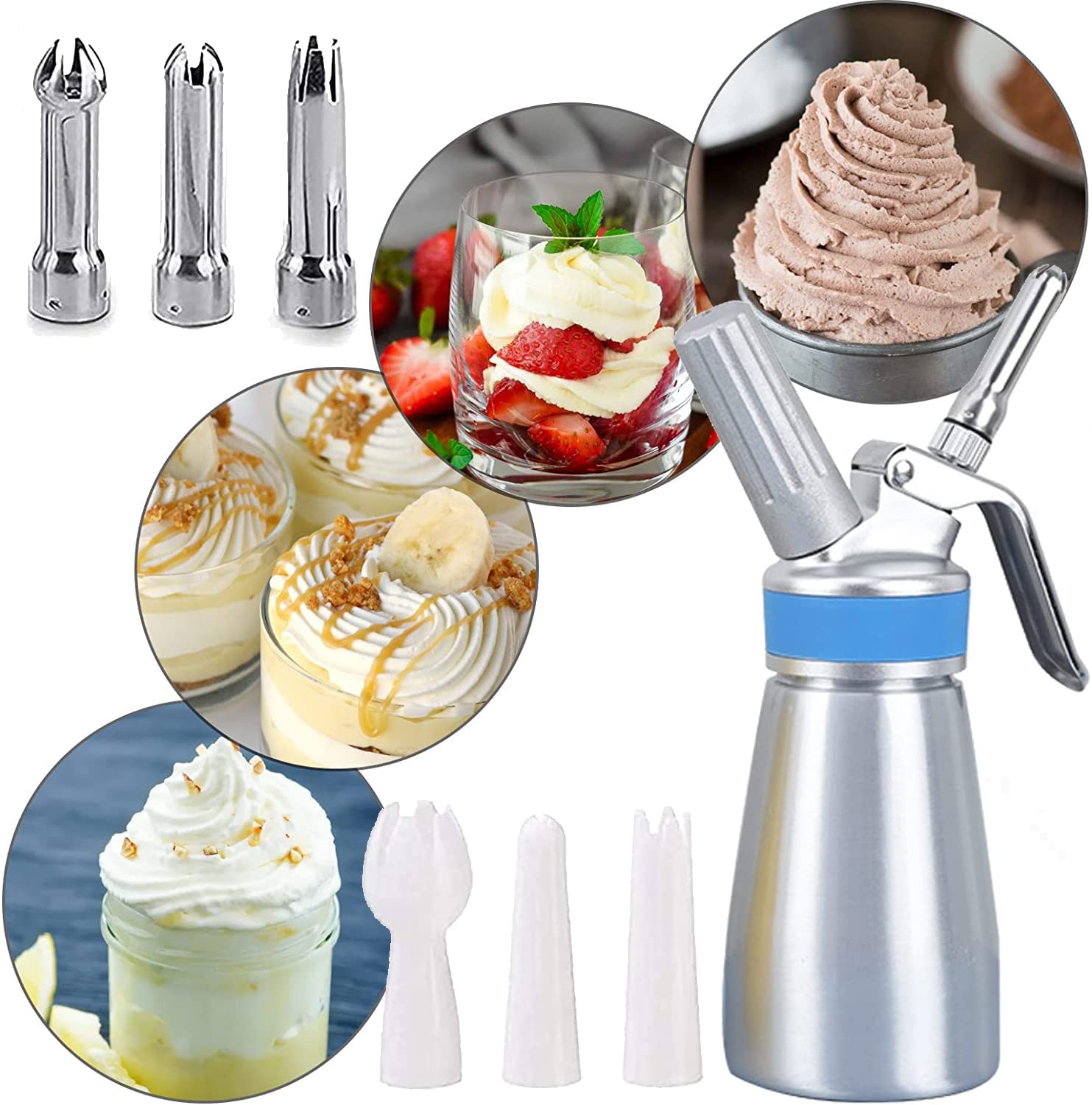 Sahnespender-250ml, Sahnesyphon Edelstahl mit 3 Dekorations-Düsen und 1 Reinigungsbürsten, Edelstahl Sahnespender für Cremes und Soßen
