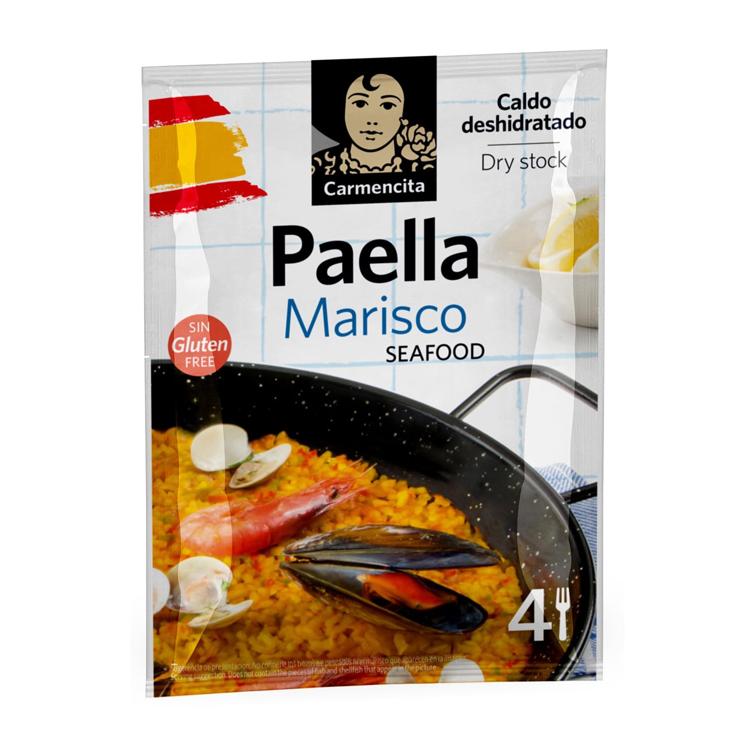 Carmencita Kit de paella aux fruits de mer - Kit complet pour 4 personnes avec riz, huile d'olive et bouillon déshydraté pour assaisonnement traditionnel de paella, kit de cuisine espagnole sans