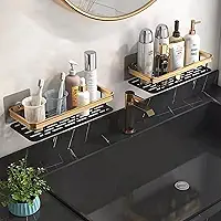 MBOX Kit 2 Prateleiras de Canto Luxo para Banheiro em Alumínio Escovado Resistente, Suporte Organizador Sem Furar com Adesivo 3M, Suporta 10kg e Antiferrugem para Banheiro (Preto Dourado, Retângulo)