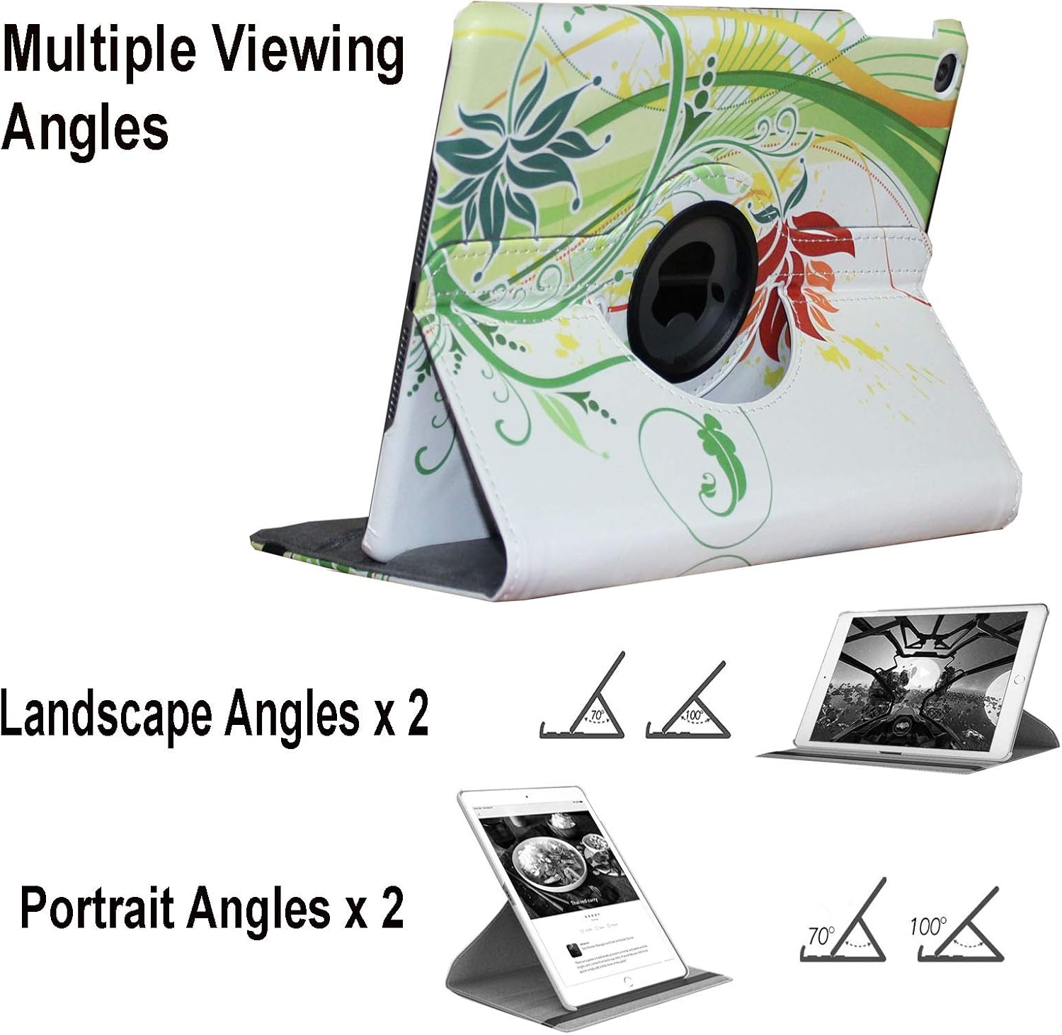 Smart Case for iPad 2nd (9.7”)/ 3rd (9.7”)/4th (9.7”2012) Generation, Rotating Stand Magnetic Cover for iPad 2/3/4 A1395 A1396 A1397 A1403 A1416 A1430 A1458 A1459 A1460 (Green Flower)