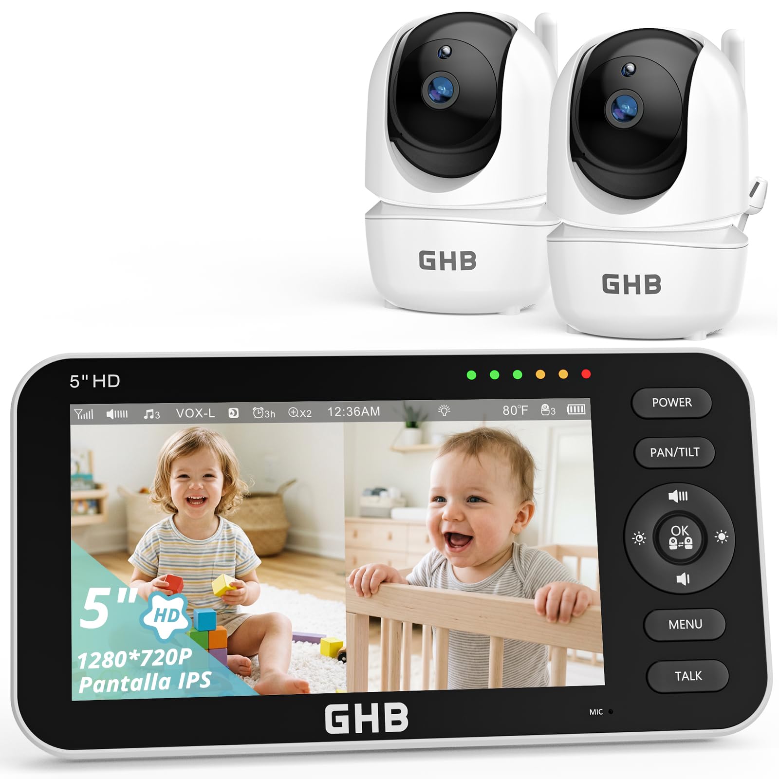 GHB Baby Surveillance Camera with 5" HD Baby Monitor with 2 Cameras Battery Life 168 Hours 4000mAh Supports 4 Cameras, Split Screen, 4×Zoom, Two-Way Communication Listening Baby